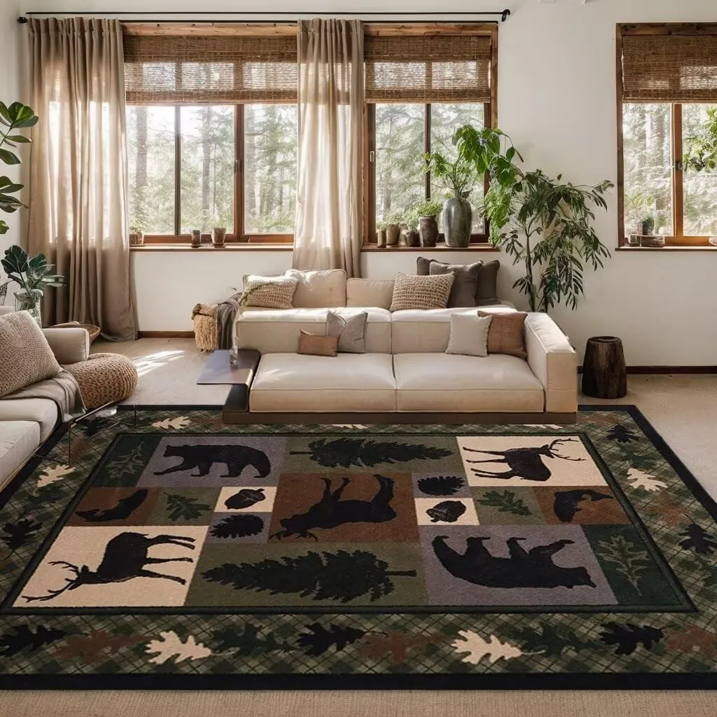 Vintage Lodge Cabin Area Rug 4'x5' Hunting Bear Deer Print Rugs Rustic Wildlife Farmhouse Rug Country Style Leaf Carpet Low Pile Home Kitchen Mat,Black