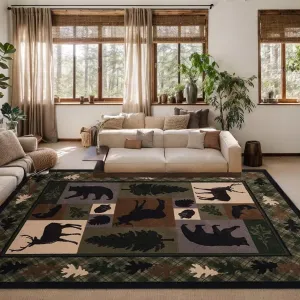Vintage Lodge Cabin Area Rug 4'x5' Hunting Bear Deer Print Rugs Rustic Wildlife Farmhouse Rug Country Style Leaf Carpet Low Pile Home Kitchen Mat,Black
