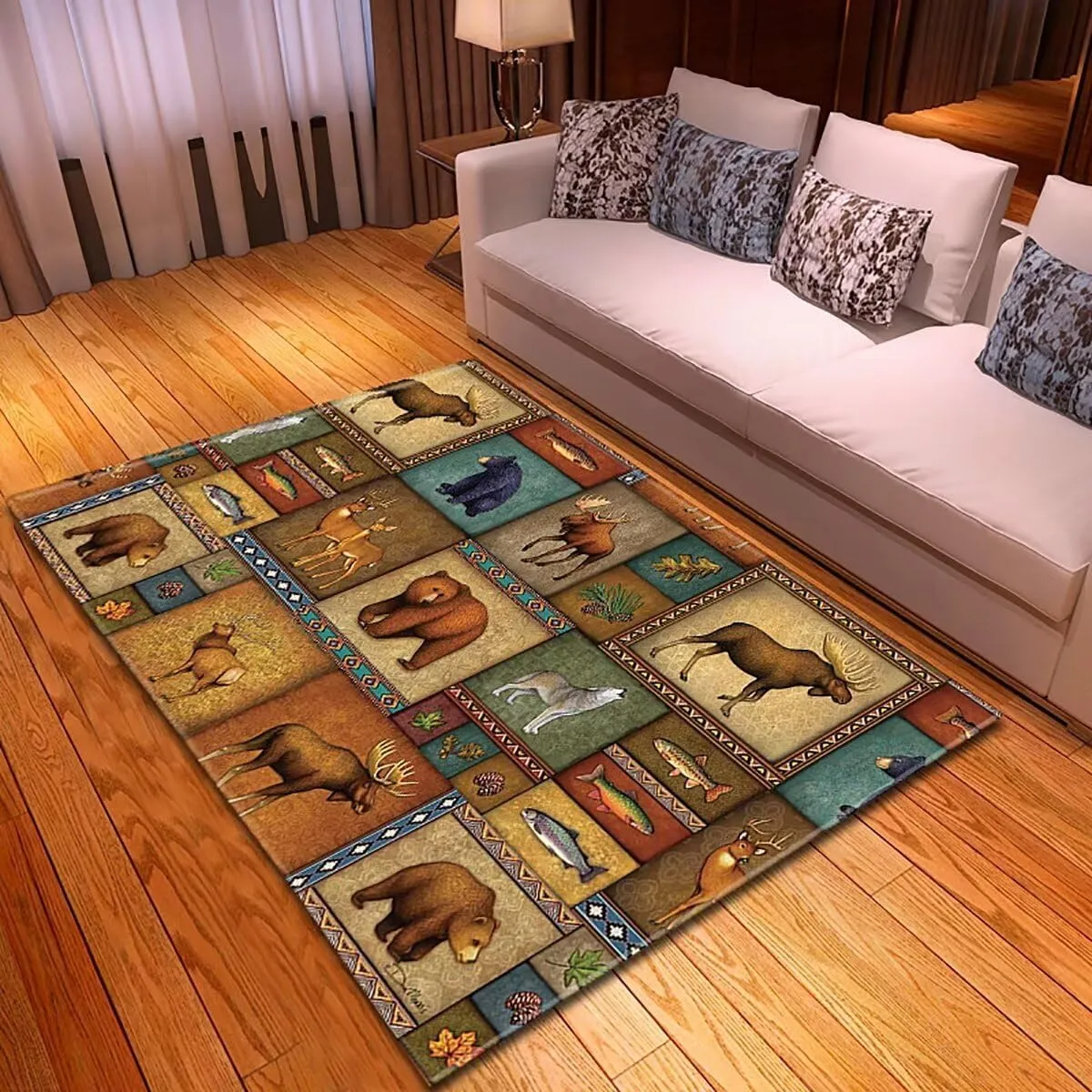 Vintage Lodge Cabin Patchwork Entry Rug 2'x3' Wildlife Jungle Animals Bear Deer Small Area Rug Home Kitchen Entryway Mat