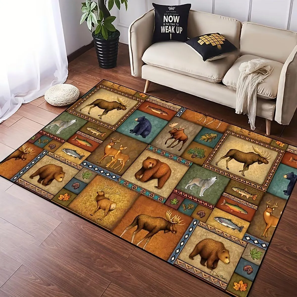 Vintage Lodge Cabin Patchwork Entry Rug 2'x3' Wildlife Jungle Animals Bear Deer Small Area Rug Home Kitchen Entryway Mat