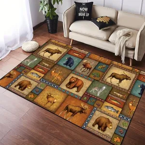 Vintage Lodge Cabin Patchwork Entry Rug 2'x3' Wildlife Jungle Animals Bear Deer Small Area Rug Home Kitchen Entryway Mat