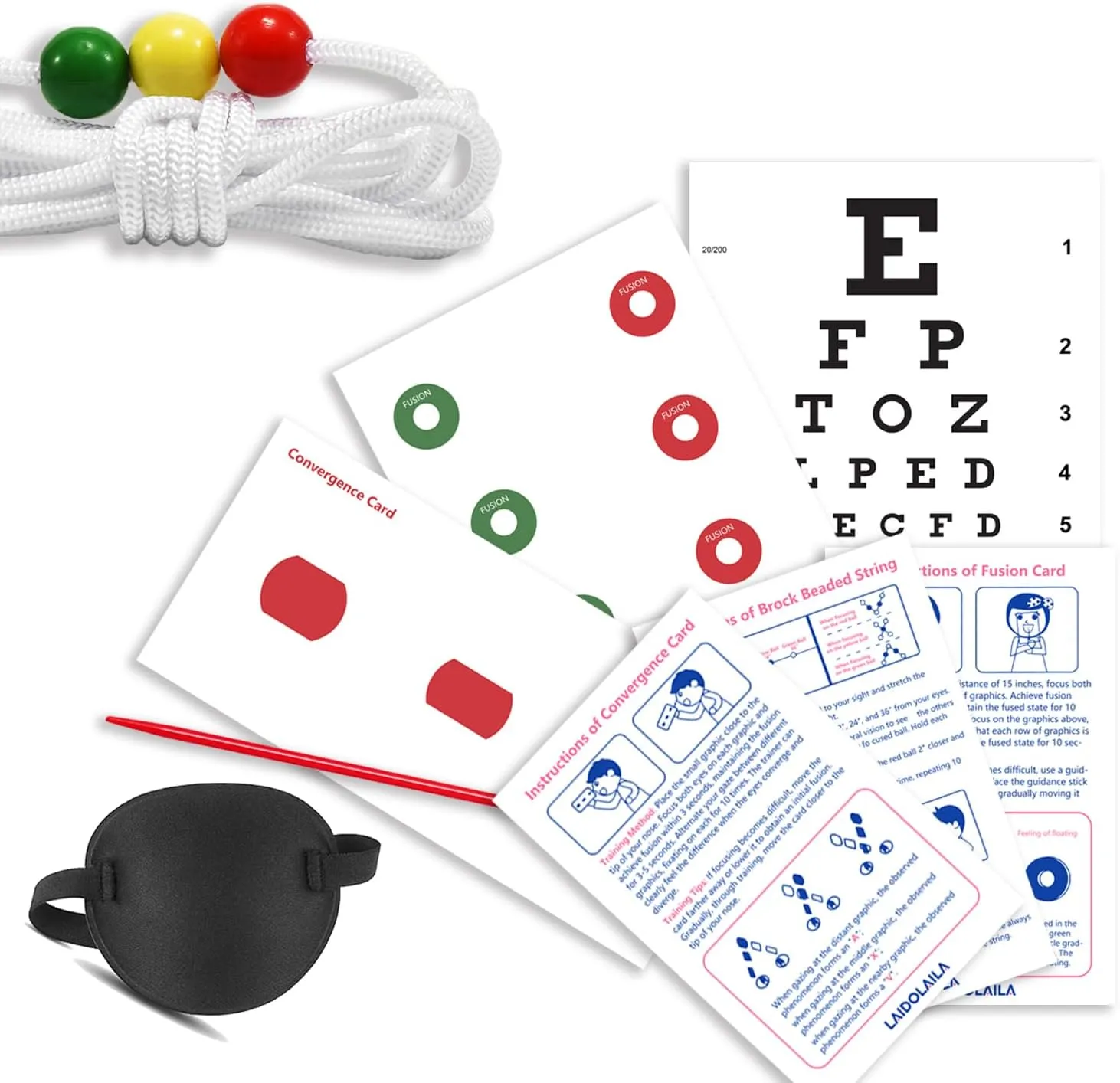 Vision Convergence Beads, Eye Chart & Eye Patch - 7.5 Foot with,2 Strabismus Correction Cards Snellen Chart - Convergence Insufficiency