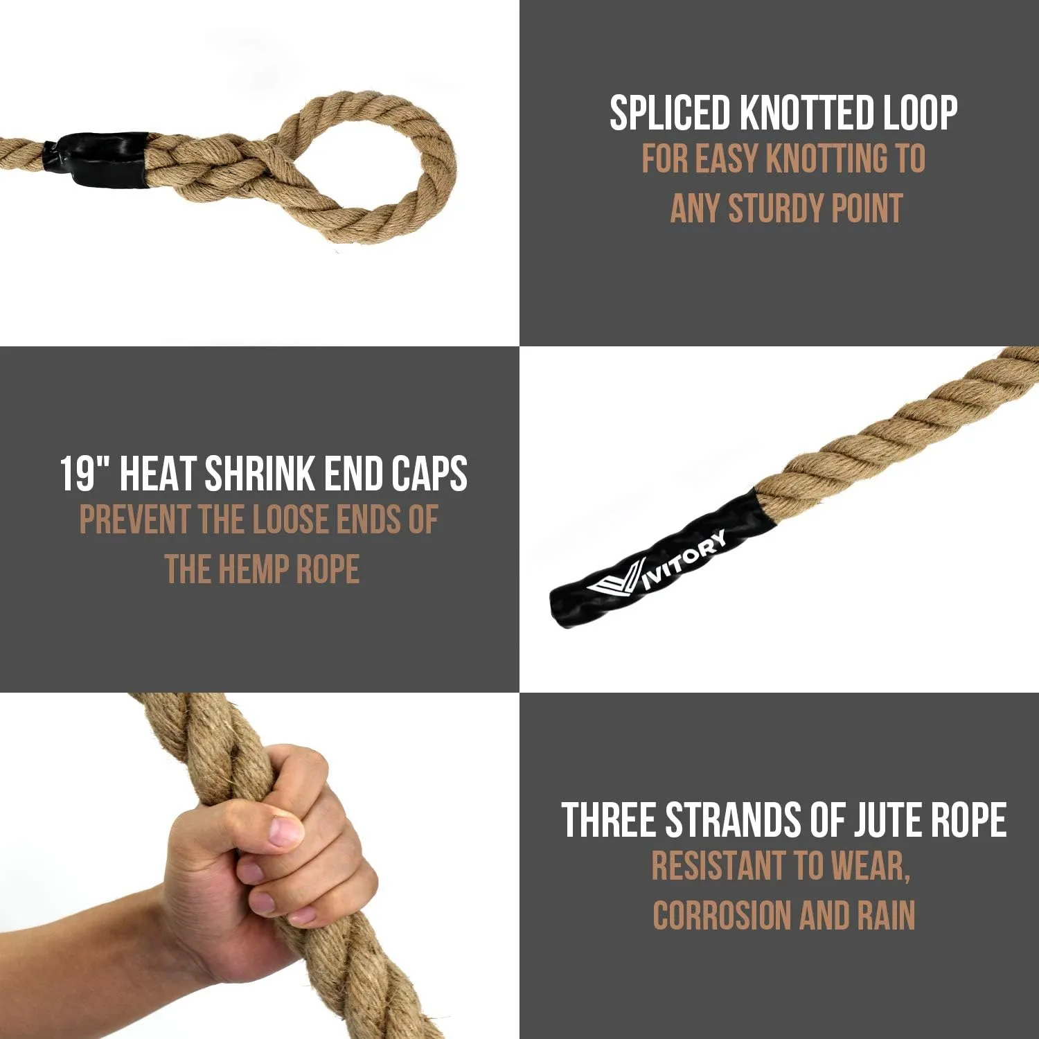 VIVITORY Gym Fitness Training Climbing Ropes, Workout Gym Climbing Rope, Home Training and Fitness Workouts,1.5'' in Diameter, Available 10, 15, 25, 30 Ft