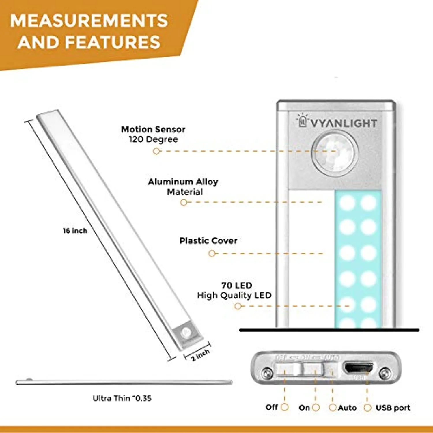 VYANLIGHT 70 LED Closet Light Motion Activated, Cordless Under Cabinet Motion Sensor Light, Wireless Stick-on Anywhere Rechargeable Lights for Closets Hallways and Stairways by VYANLIGHT (1 Pack)
