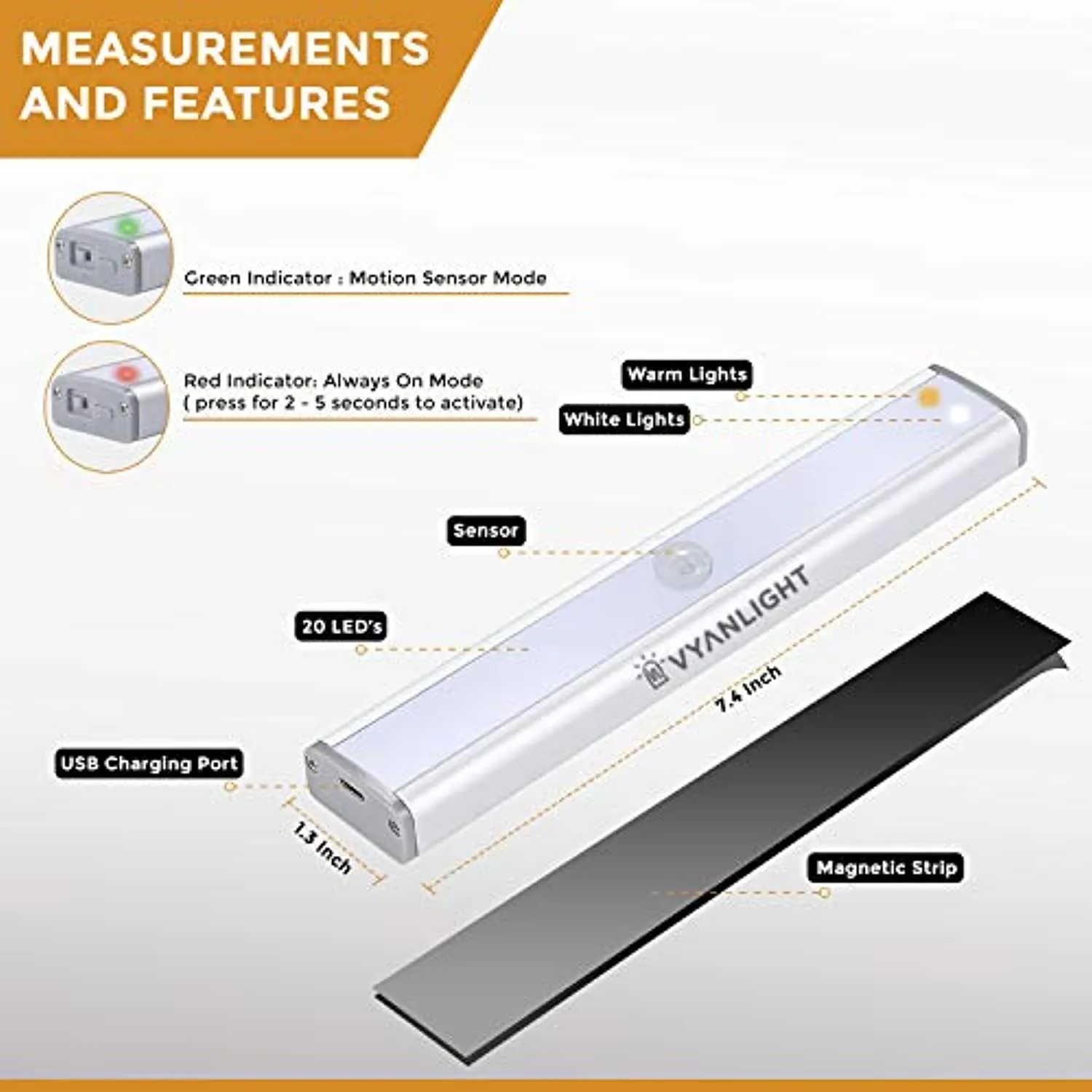 VYANLIGHT Homelife LED Bars Motion Sensor Lights by VYANLIGHT, Under Cabinet Motion Activated Lights, 20 LED Rechargeable 3-Color Mode Stick-on Anywhere Night Lights for Kitchen, Closets, and Hallways (2 Pack)