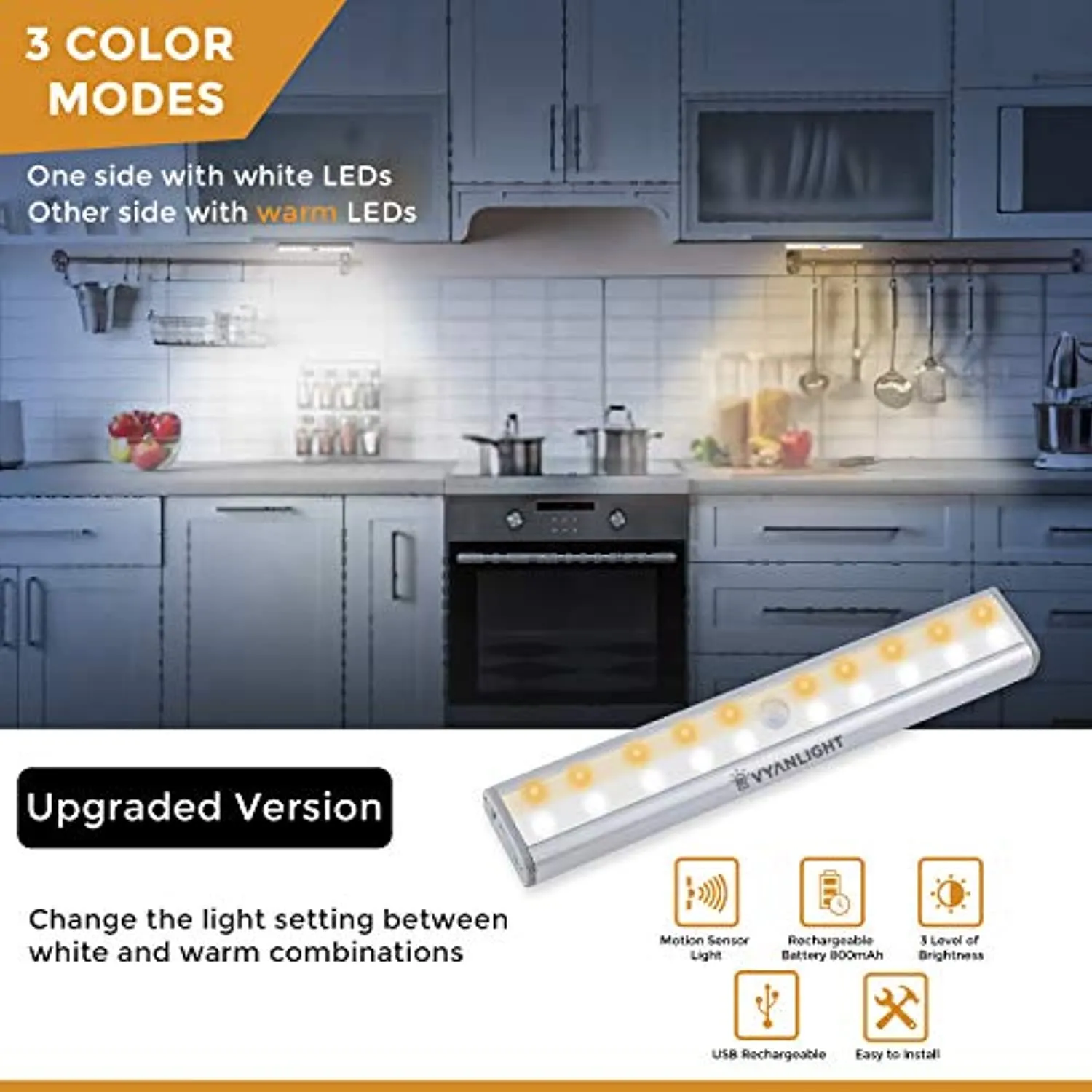 VYANLIGHT Homelife LED Bars Motion Sensor Lights by VYANLIGHT, Under Cabinet Motion Activated Lights, 20 LED Rechargeable 3-Color Mode Stick-on Anywhere Night Lights for Kitchen, Closets, and Hallways (2 Pack)