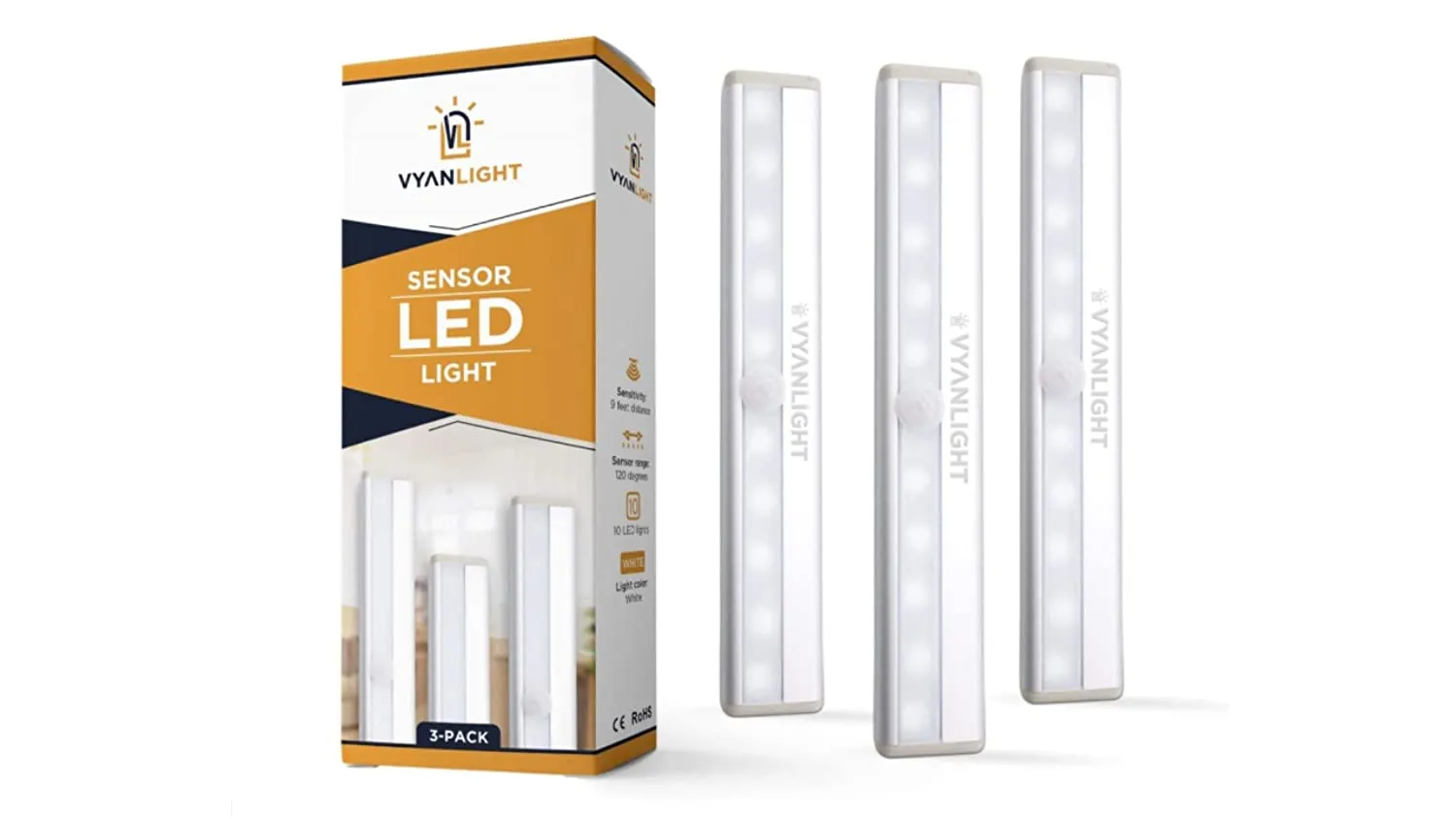 VYANLIGHT LED Closet Light Motion Activated, Under Cabinet Lights, Homelife Motion Sensor LED Lights, Stick-on Anywhere Battery Operated 10 LED Motion Sensor Night Light for Closet Hallway Stairway (3 Pack)