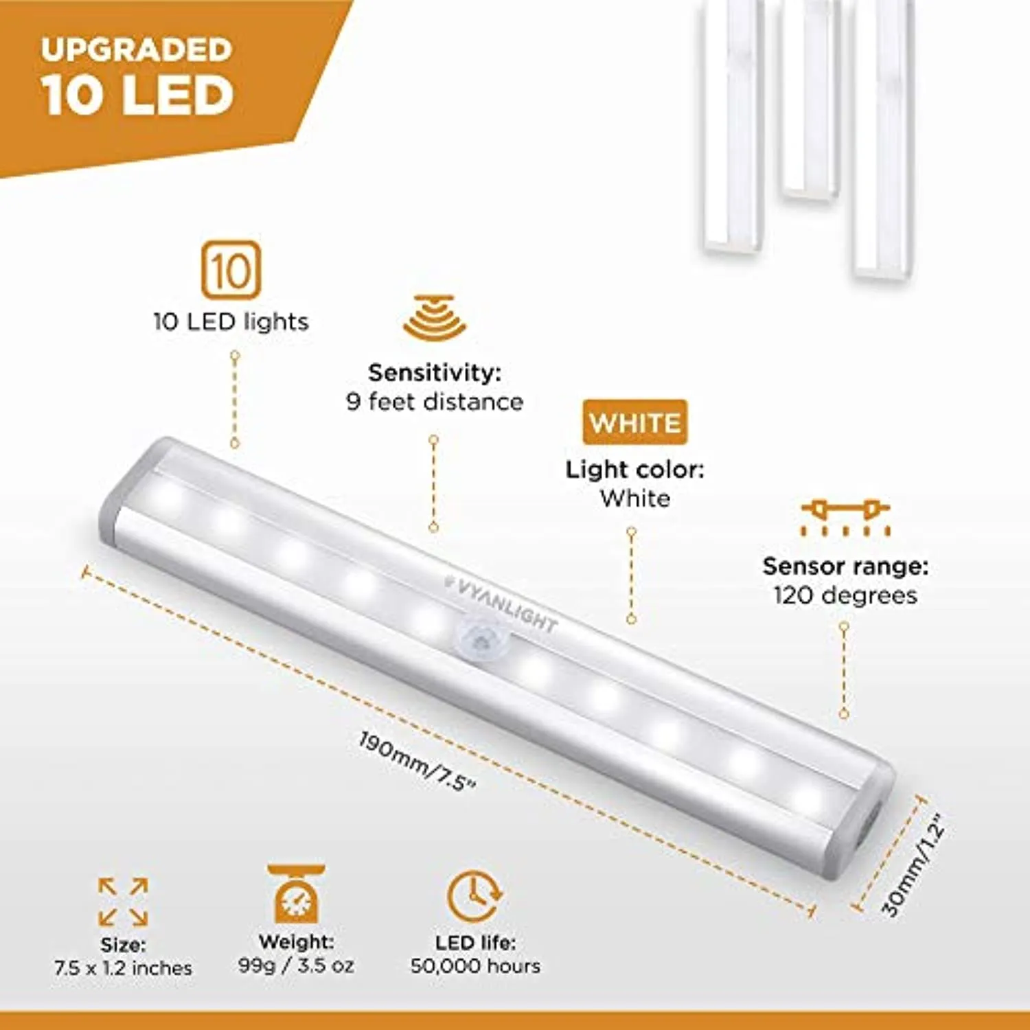VYANLIGHT LED Closet Light Motion Activated, Under Cabinet Lights, Homelife Motion Sensor LED Lights, Stick-on Anywhere Battery Operated 10 LED Motion Sensor Night Light for Closet Hallway Stairway (3 Pack)