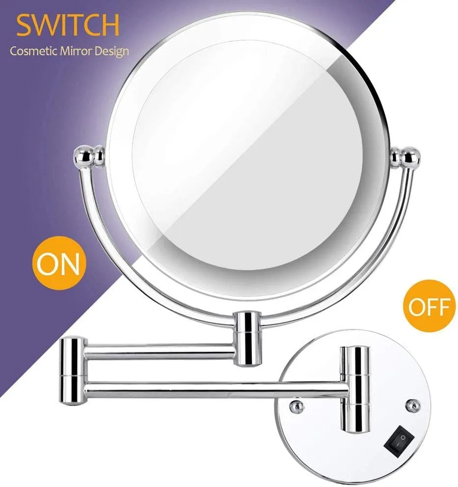 Wall Mount LED Lighted Makeup Mirror 5X Magnifying USB Rechargeable Cosmetic Mirror 360° Swivel Extendable Two Sided Vanity Mirror for Bathroom