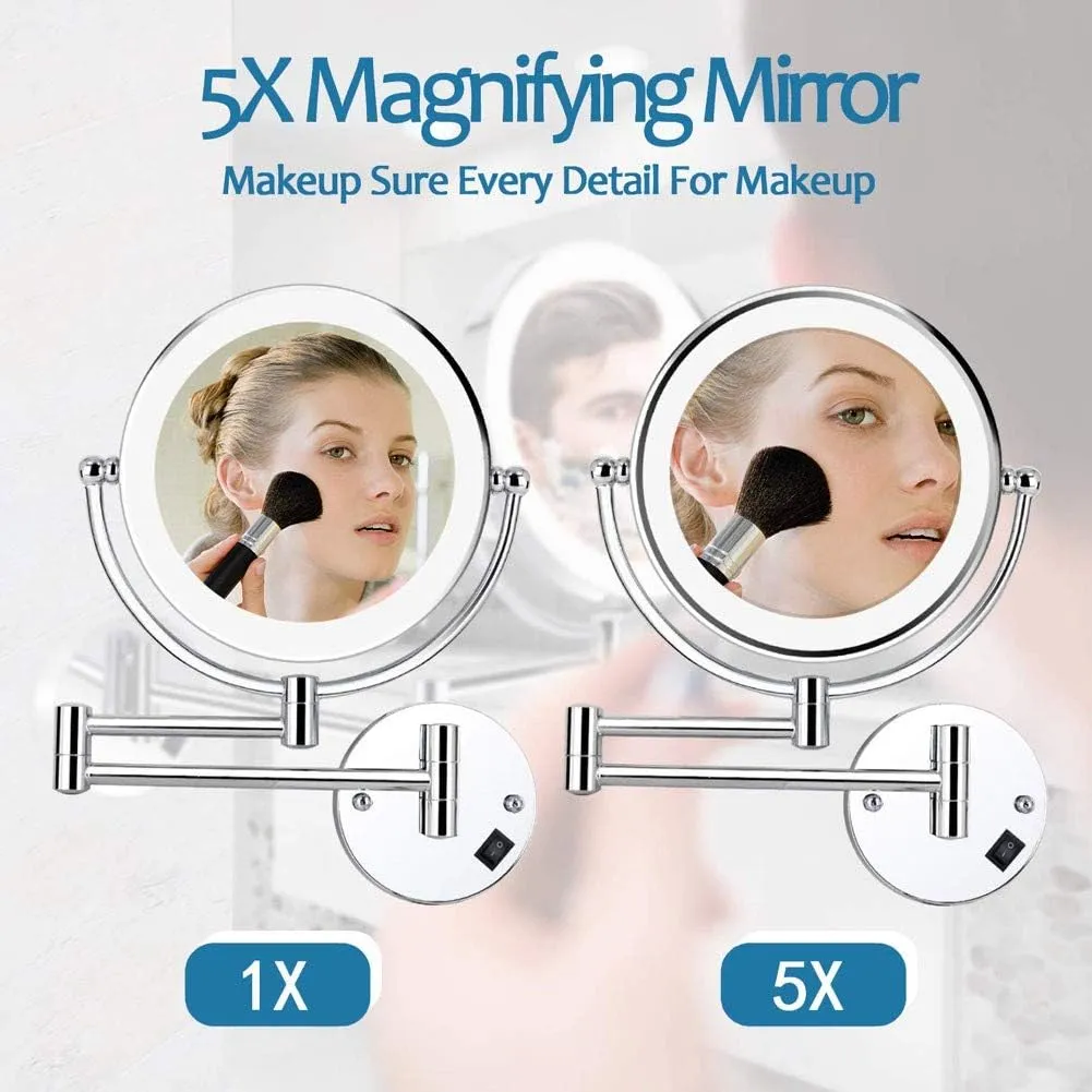 Wall Mount LED Lighted Makeup Mirror 5X Magnifying USB Rechargeable Cosmetic Mirror 360° Swivel Extendable Two Sided Vanity Mirror for Bathroom