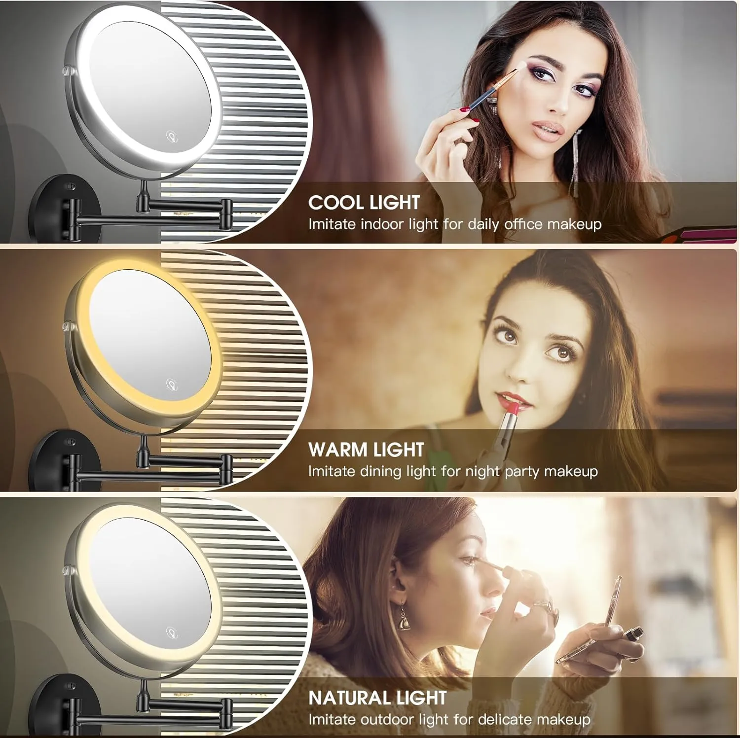 Wall Mounted Lighted Makeup Mirror, 8" Rechargeable Double-Sided Light up Magnifying Mirror 1x/10x,3 Color Led Vanity Mirror with Lights,Touch Dimmable 360° Rotation Foldable-Black