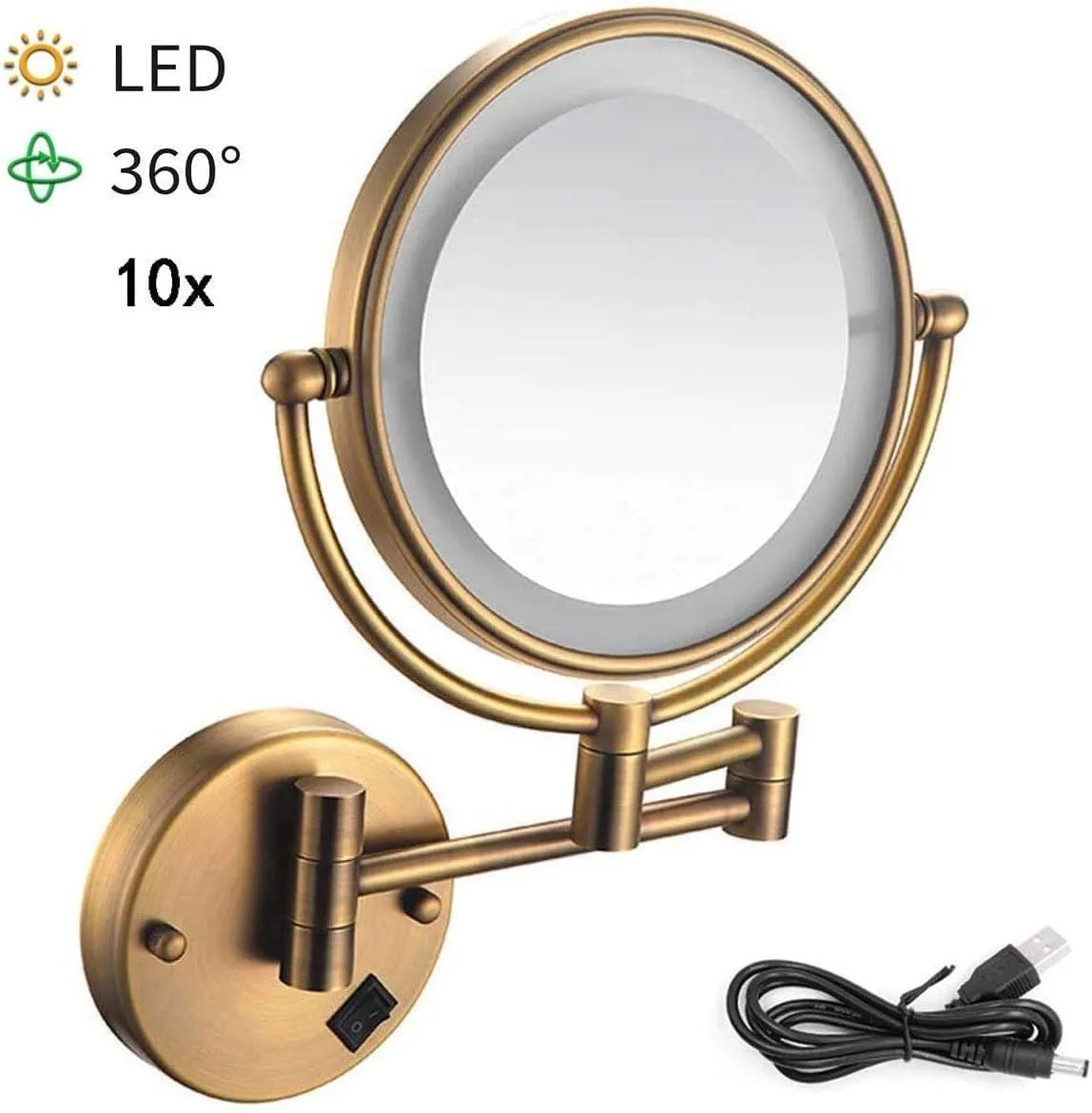 Wall Mounted Makeup Mirror 10X Magnification 8 Inch Double Sided Vanity Magnifying Mirror Round Make Up Mirror 360 Rotation (Color : Antiquecopper)