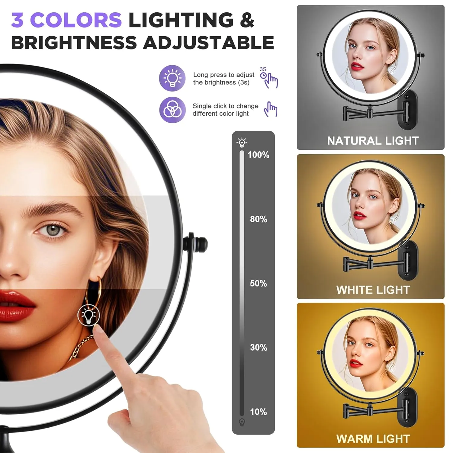 Wall Mounted Makeup Mirror: 1x/20X Magnifying Mirror with Light, 8.5" Double Sided Lighted Makeup Mirror with Magnification, Vanity Mirror for Bathroom, Brush Black