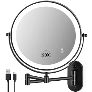 Wall Mounted Makeup Mirror: 1x/20X Magnifying Mirror with Light, 8.5" Double Sided Lighted Makeup Mirror with Magnification, Vanity Mirror for Bathroom, Brush Black