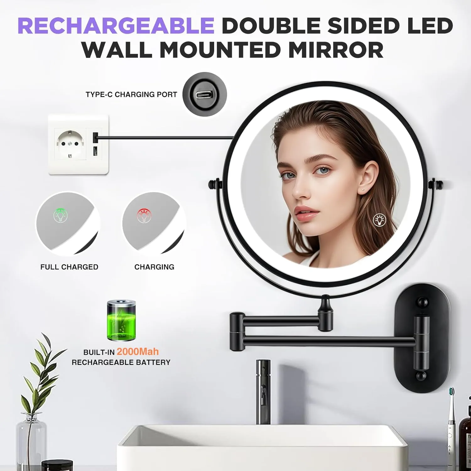 Wall Mounted Makeup Mirror: 1x/20X Magnifying Mirror with Light, 8.5" Double Sided Lighted Makeup Mirror with Magnification, Vanity Mirror for Bathroom, Brush Black