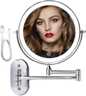 Wall Mounted Makeup Mirror 8 in LED Touch Screen Adjustable Light, USB Rechargeable Double Sided 1X/5X Magnifying Cosmetic Shaving Mirror, 360° Swivel Extendable, for Bathroom, Hotels