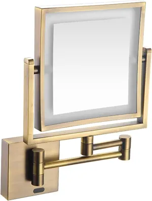 Wall Mounted Makeup Mirror Square Wall Mounted Double Sided 1X/3X Magnifying Mirror Rotation Extension Bathroom Mirror(Brass,Plug in)