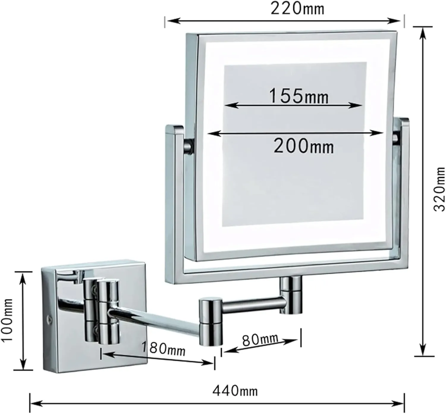 Wall Mounted Makeup Mirror Square Wall Mounted Double Sided 1X/3X Magnifying Mirror Rotation Extension Bathroom Mirror(Silver)