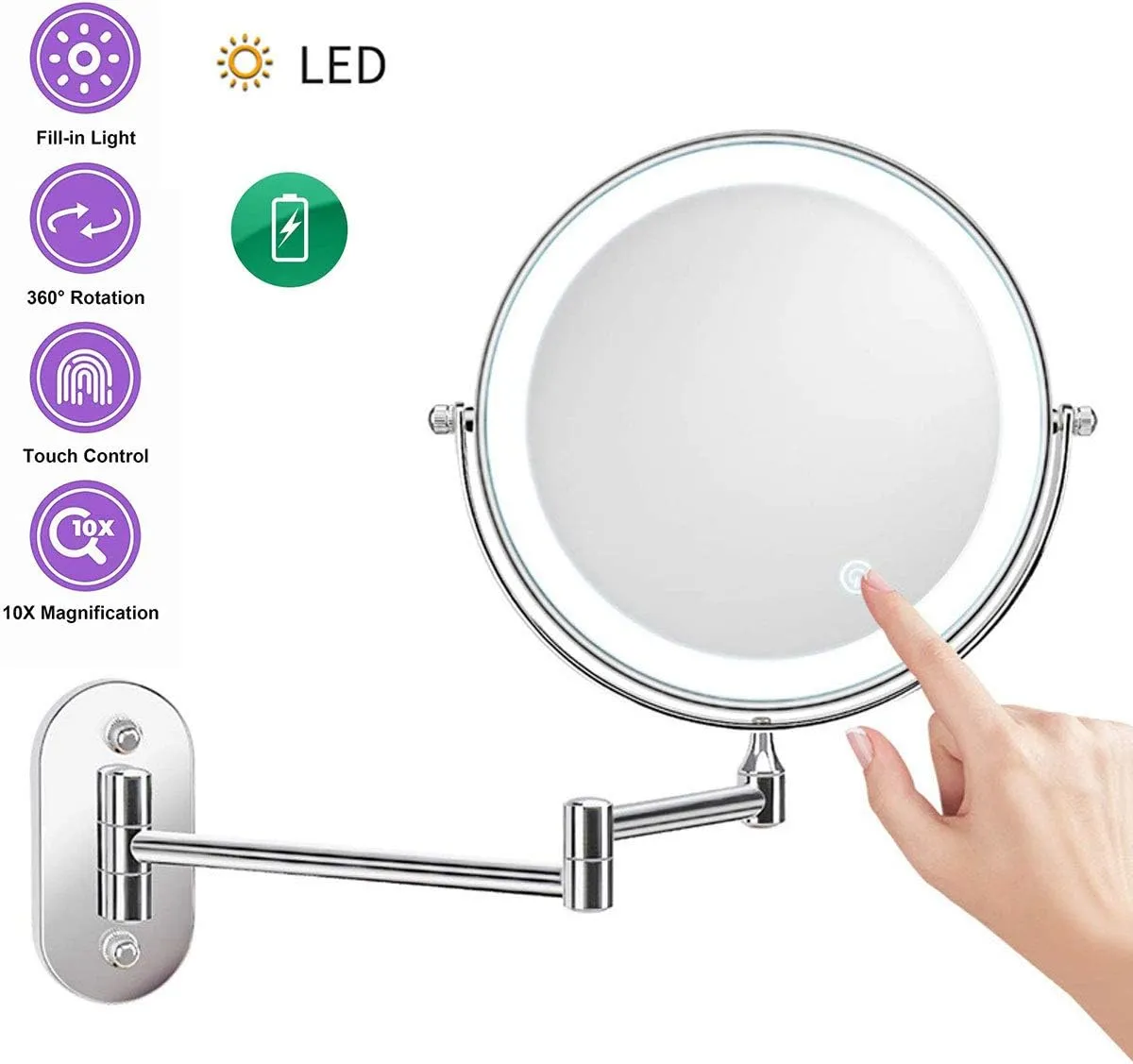 Wall Mounted Makeup Mirror with 10x Magnification, with Led Lights Round Make Up Mirror, USB Rechargeable 360 Rotation, Perfect for Bedroom Dressing Table Or Bathroom Vanity