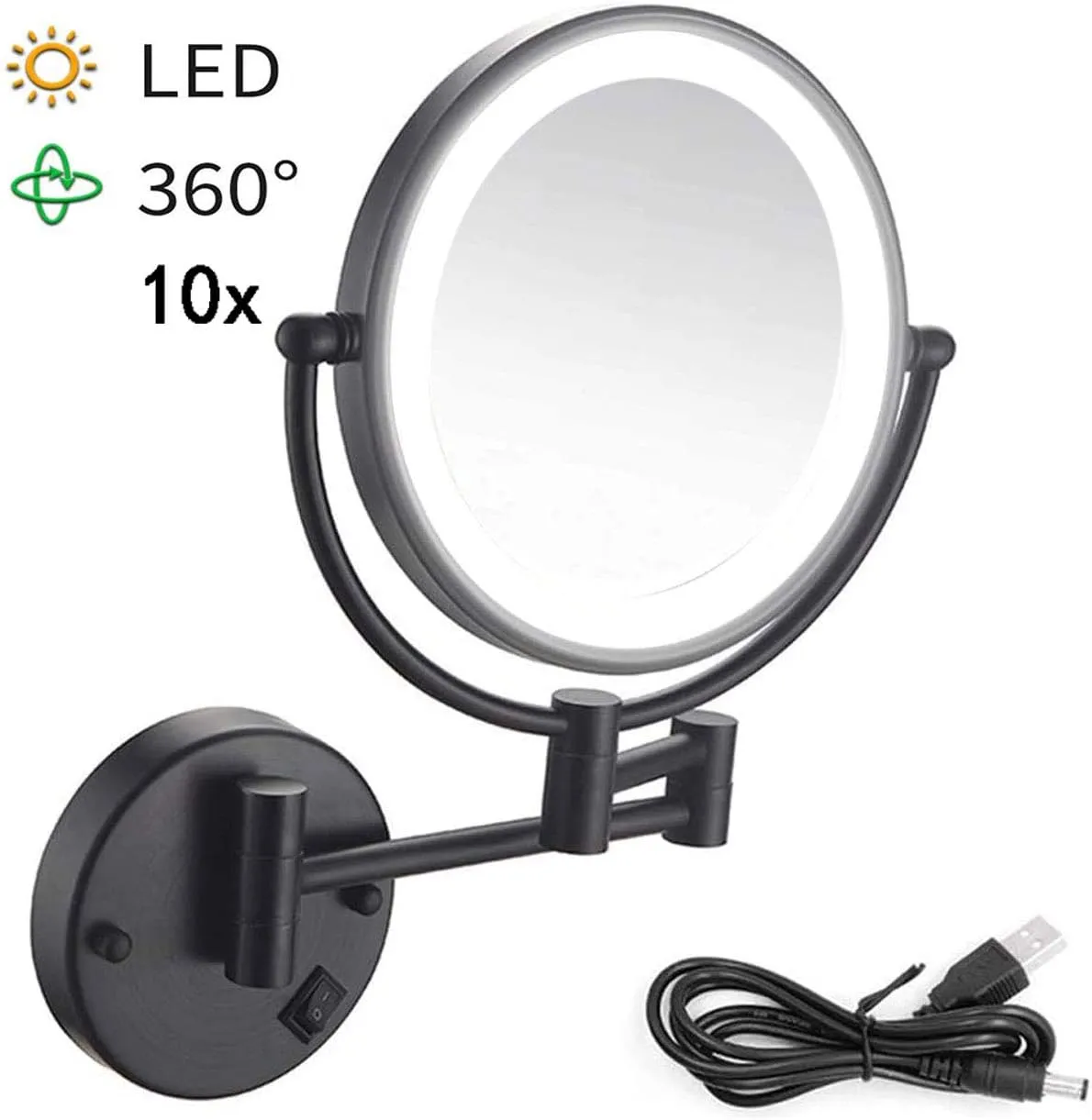 Wall Mounted Makeup Mirror with Lights and 10X Magnification, 8 Inch Double Sided Vanity Magnifying Mirror, Round Make Up Mirror 360 Rotation, for Bathroom Hotels USB Rechargeable