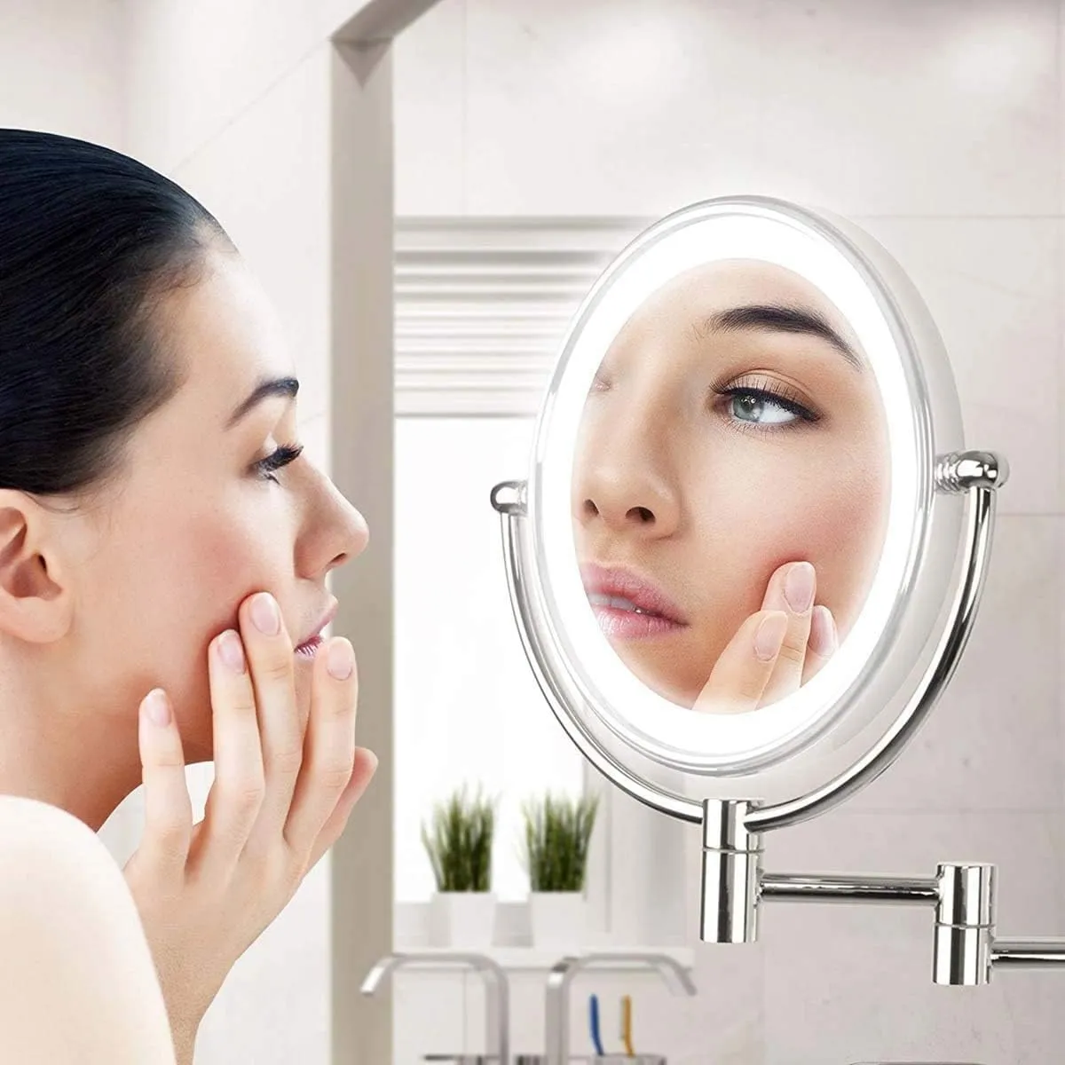 Wall Mounted Makeup Mirror with Lights and 10X Magnification, 8 Inch Double Sided Vanity Magnifying Mirror, Round Make Up Mirror 360 Rotation, for Bathroom Hotels USB Rechargeable