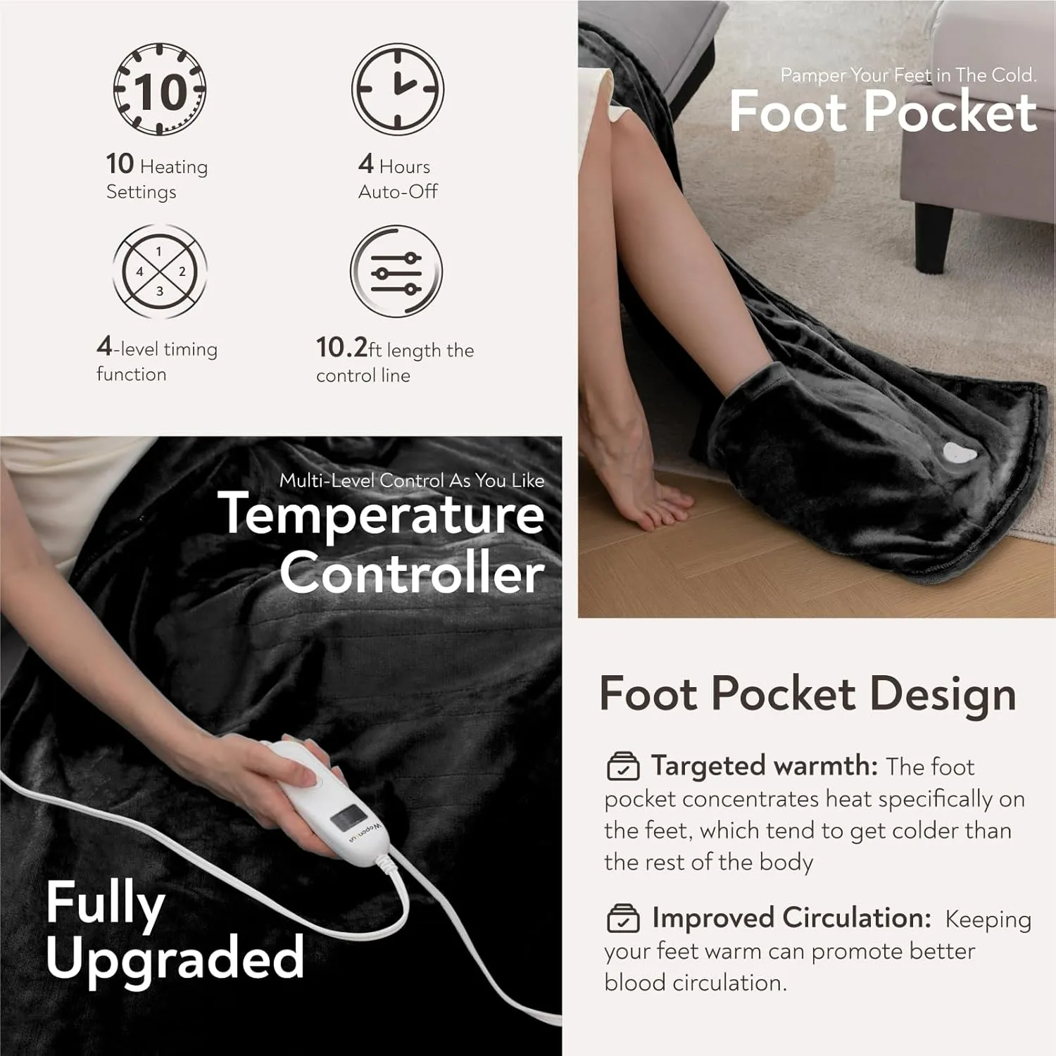 Wapaneus Foot Pocket Heated Blanket Electric Throw with 10 Heating Levels and 4 Timer Settings 4 Hours Auto Shut Off, Flannel Fast-Heating Heated Throw 50" x 60", Machine Washable, Black