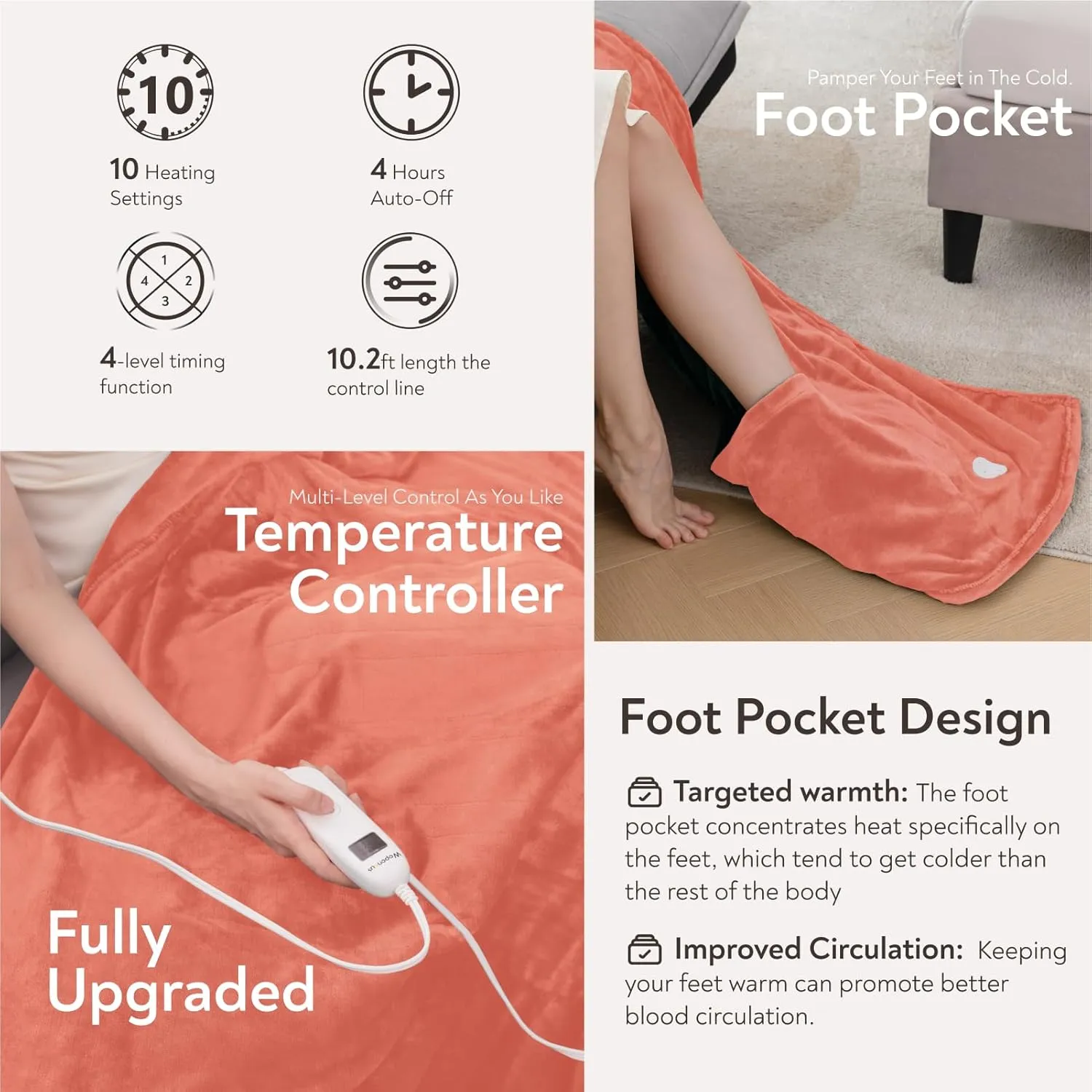Wapaneus Foot Pocket Heated Blanket Electric Throw with 10 Heating Levels and 4 Timer Settings 4 Hours Auto Shut Off, Flannel Fast-Heating Heated Throw 50" x 60", Machine Washable, Pink