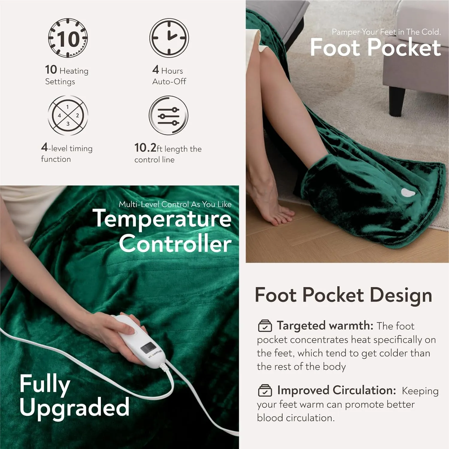 Wapaneus Foot Pocket Heated Blanket Electric Throw with 10 Heating Levels and 4 Timer Settings 4 Hours Auto Shut Off, Flannel Fast-Heating Heated Throw 50" x 60", Machine Washable, Vintage Green