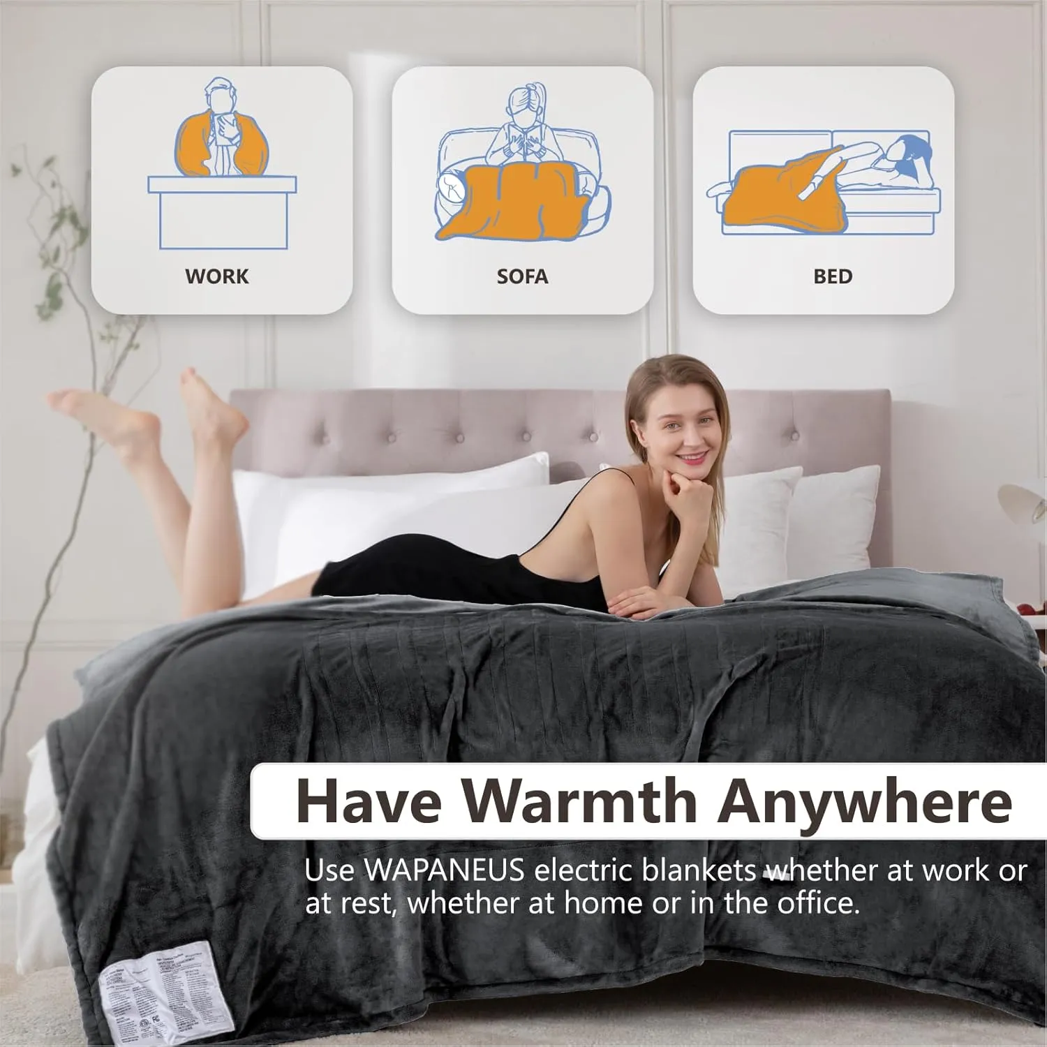Wapaneus Heated Blanket Electric Throw 72" x 84" Full Size with 10 Heating Levels 12 Hours Time Setings and Auto-Shut Off, Flannel Fast-Heating Electric Blanket, Dark Grey
