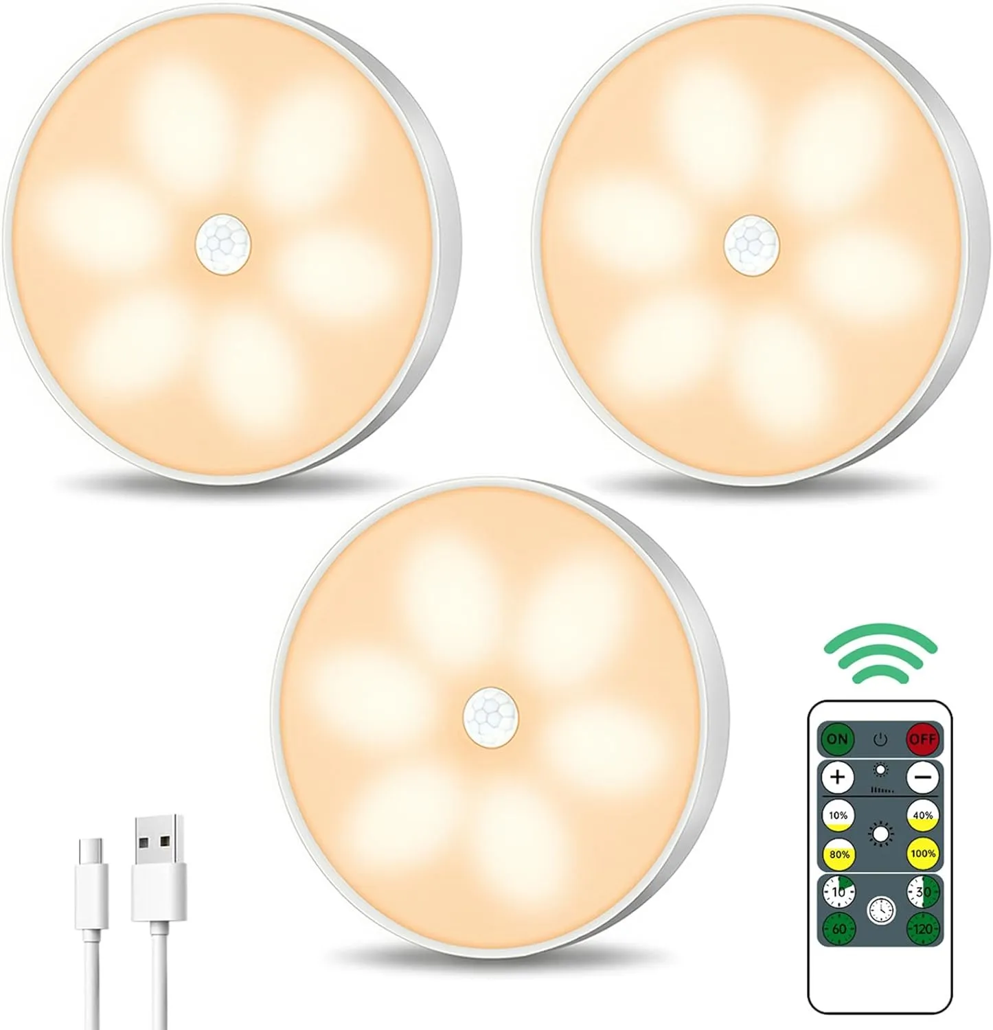 Warm Color LED Closet Lights Wireless Motion Sensor Puck Light, USB Rechargeable Battery Operated Puck Lights with Remote, Dimmable Under Cabinet Counter Lighting for Wardrobe Kitchen (3 Pack)