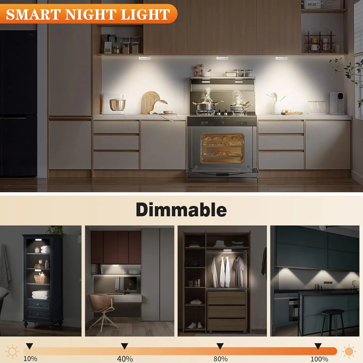 Warm Color LED Closet Lights Wireless Motion Sensor Puck Light, USB Rechargeable Battery Operated Puck Lights with Remote, Dimmable Under Cabinet Counter Lighting for Wardrobe Kitchen (3 Pack)
