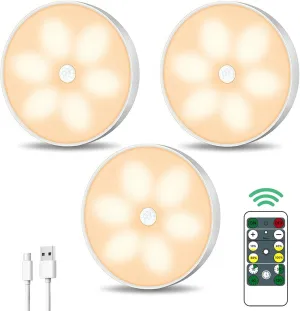 Warm Color LED Closet Lights Wireless Motion Sensor Puck Light, USB Rechargeable Battery Operated Puck Lights with Remote, Dimmable Under Cabinet Counter Lighting for Wardrobe Kitchen (3 Pack)