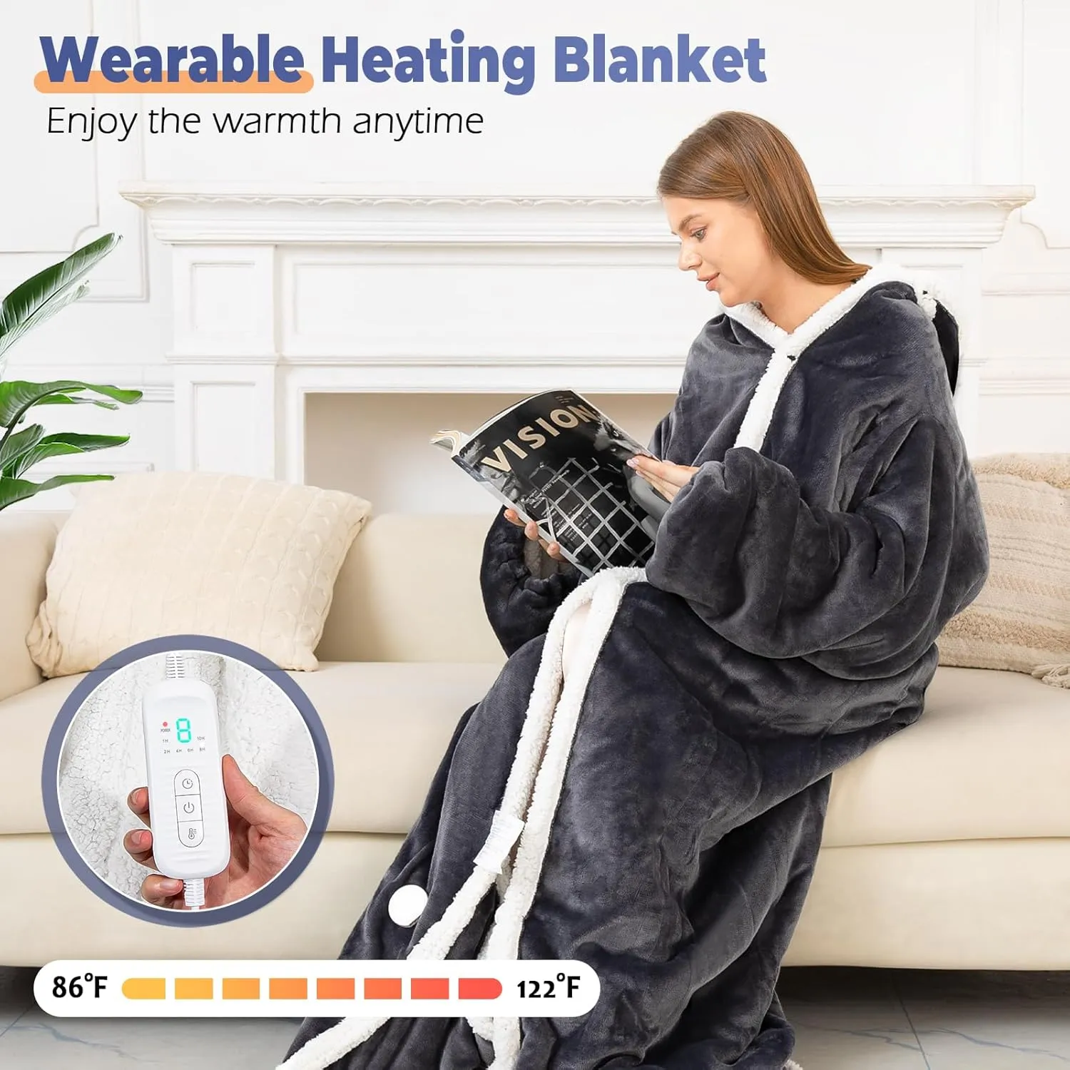 Wearable Heated Blanket with Foot Pocket, Electric Wearable Throw Blanket with Sleeves, Hood, Portable Heated Blanket with 8 Heat Settings, 1-10 Hours Auto Shut-off, Gift for Family, Friends, 50*70"