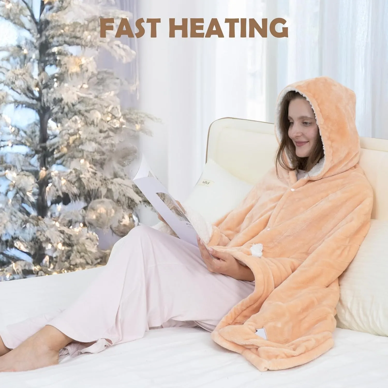 Wearable Heated Throw Blanket, Electric Heated Wrap Poncho Shawl & Hoodies with Pockets, 7 Heating Levels & 4 Hours Time Settings, Machine Washable with ETL Certification 40" x 70", Beige