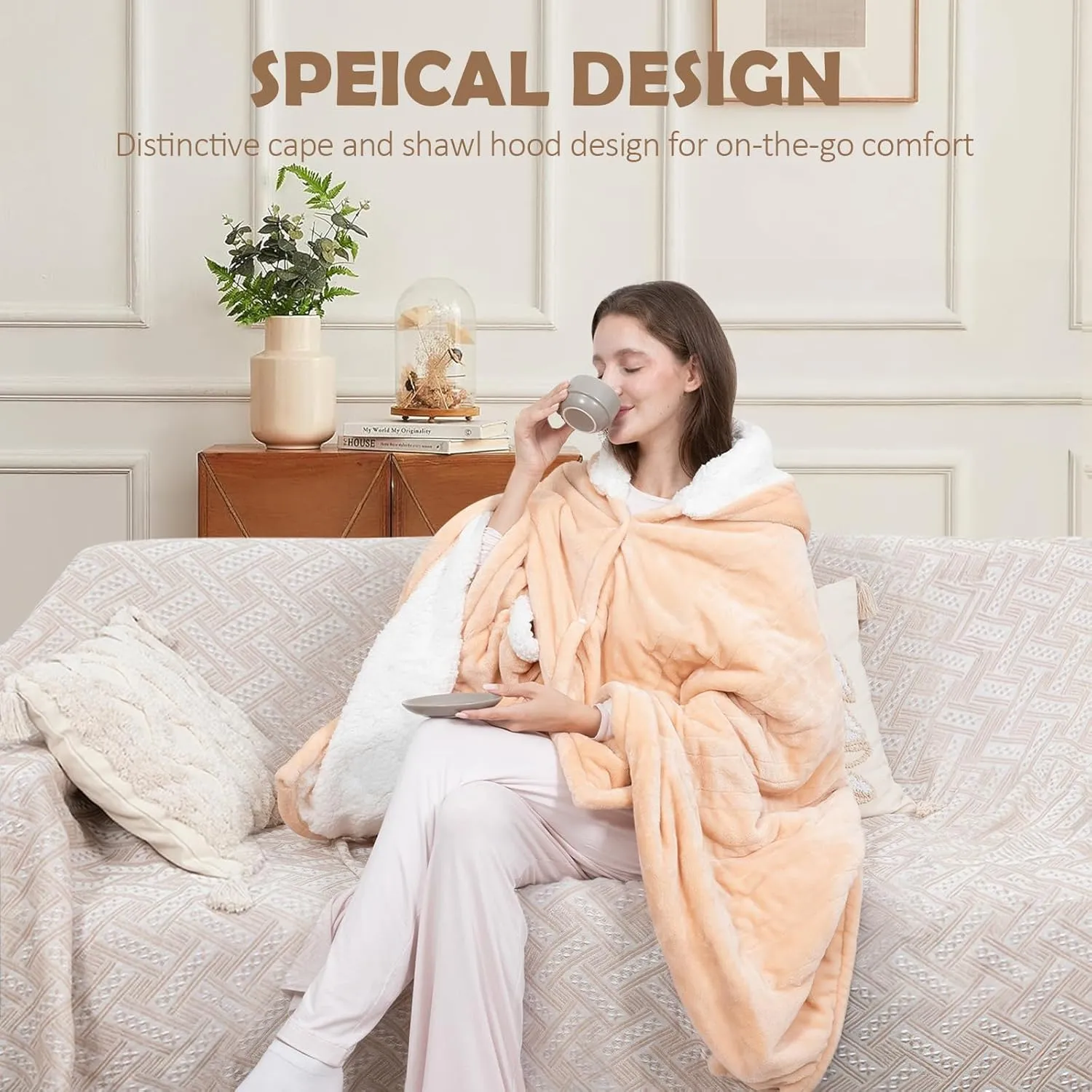 Wearable Heated Throw Blanket, Electric Heated Wrap Poncho Shawl & Hoodies with Pockets, 7 Heating Levels & 4 Hours Time Settings, Machine Washable with ETL Certification 40" x 70", Beige