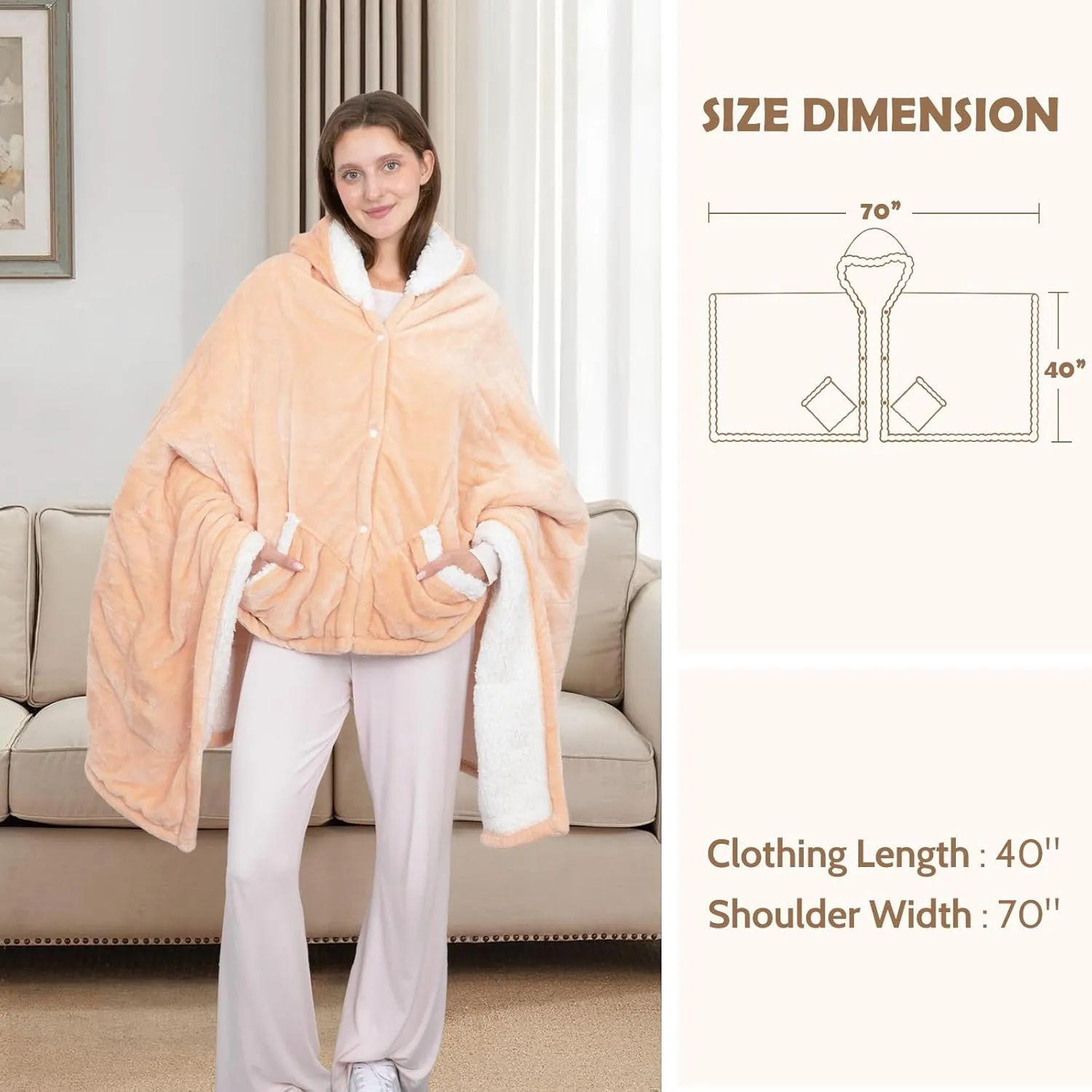 Wearable Heated Throw Blanket, Electric Heated Wrap Poncho Shawl & Hoodies with Pockets, 7 Heating Levels & 4 Hours Time Settings, Machine Washable with ETL Certification 40" x 70", Beige