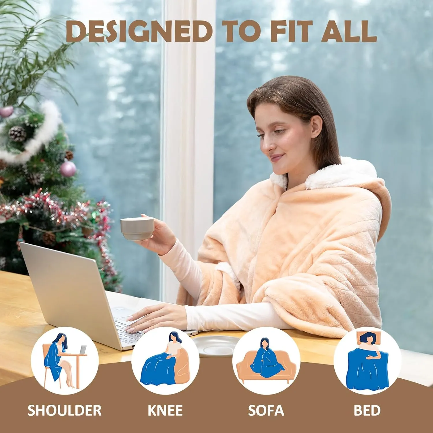 Wearable Heated Throw Blanket, Electric Heated Wrap Poncho Shawl & Hoodies with Pockets, 7 Heating Levels & 4 Hours Time Settings, Machine Washable with ETL Certification 40" x 70", Beige