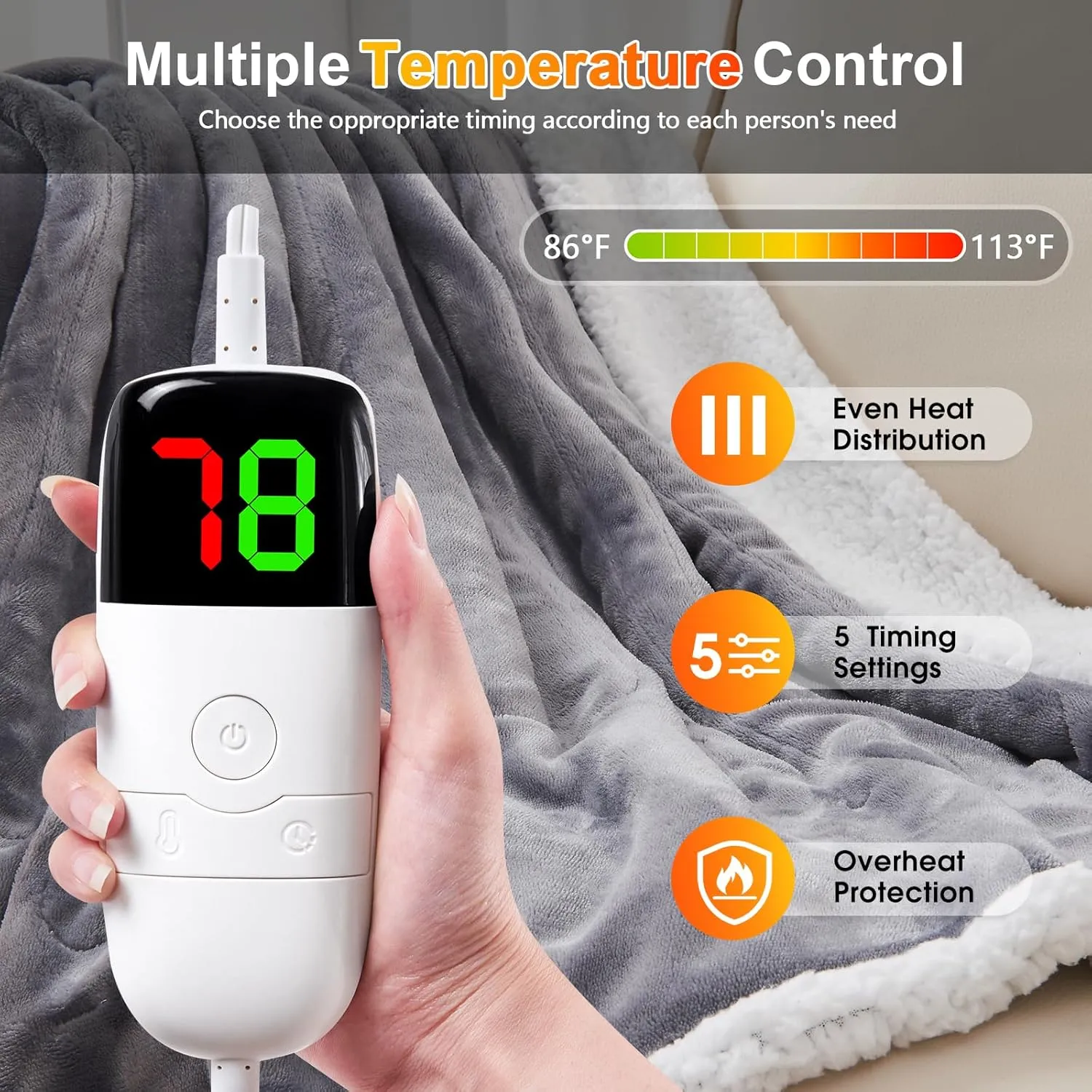Wearable Heated Throw Blanket Electric Shawl - Heated Robe Poncho Blanket Hoodie for Adult, Winter Gifts for Mom Women Girlfriend Grandma 5-Position Timer 10-Heating Levels,Grey
