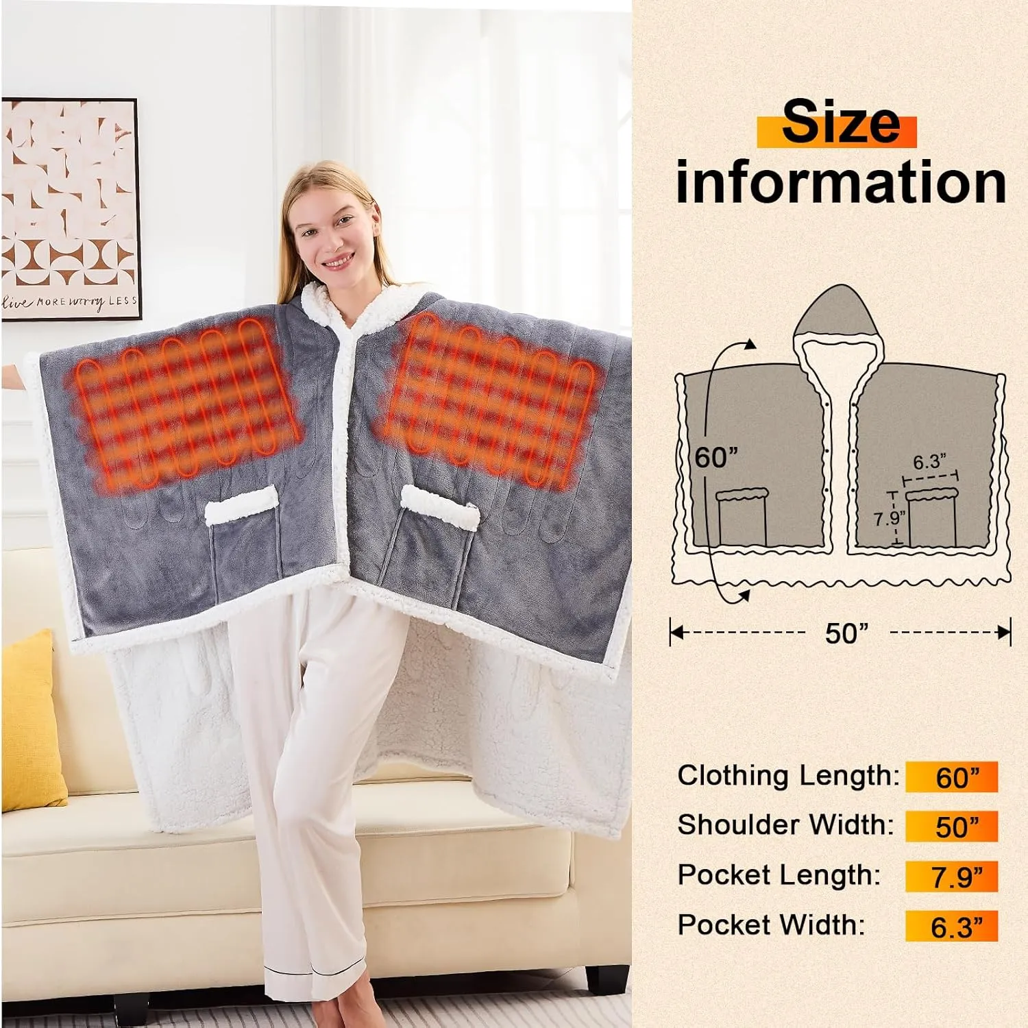 Wearable Heated Throw Blanket Electric Shawl - Heated Robe Poncho Blanket Hoodie for Adult, Winter Gifts for Mom Women Girlfriend Grandma 5-Position Timer 10-Heating Levels,Grey