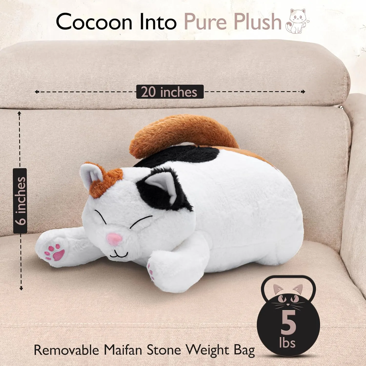 Weighted Stuffed Animals 20" | 5 lbs Calico Cat Plush for Calming Cozy Comfort | Large Weighted Stuffed Animal for Anxiety | Soft Microwavable & Coolable for Sensory Needs & Stress Relief