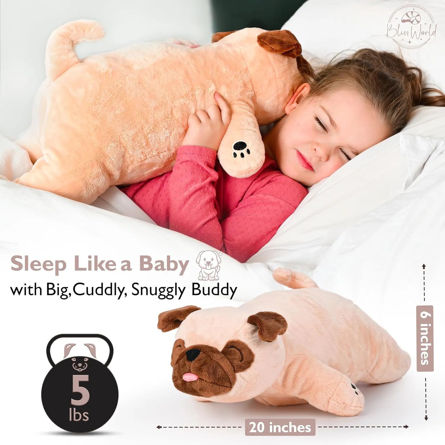 Weighted Stuffed Animals 20" | 5 lbs Pug Dog Plush for Calming Cozy Comfort | Large Weighted Stuffed Animal for Anxiety | Soft Microwavable & Coolable for Sensory Needs & Stress Relief