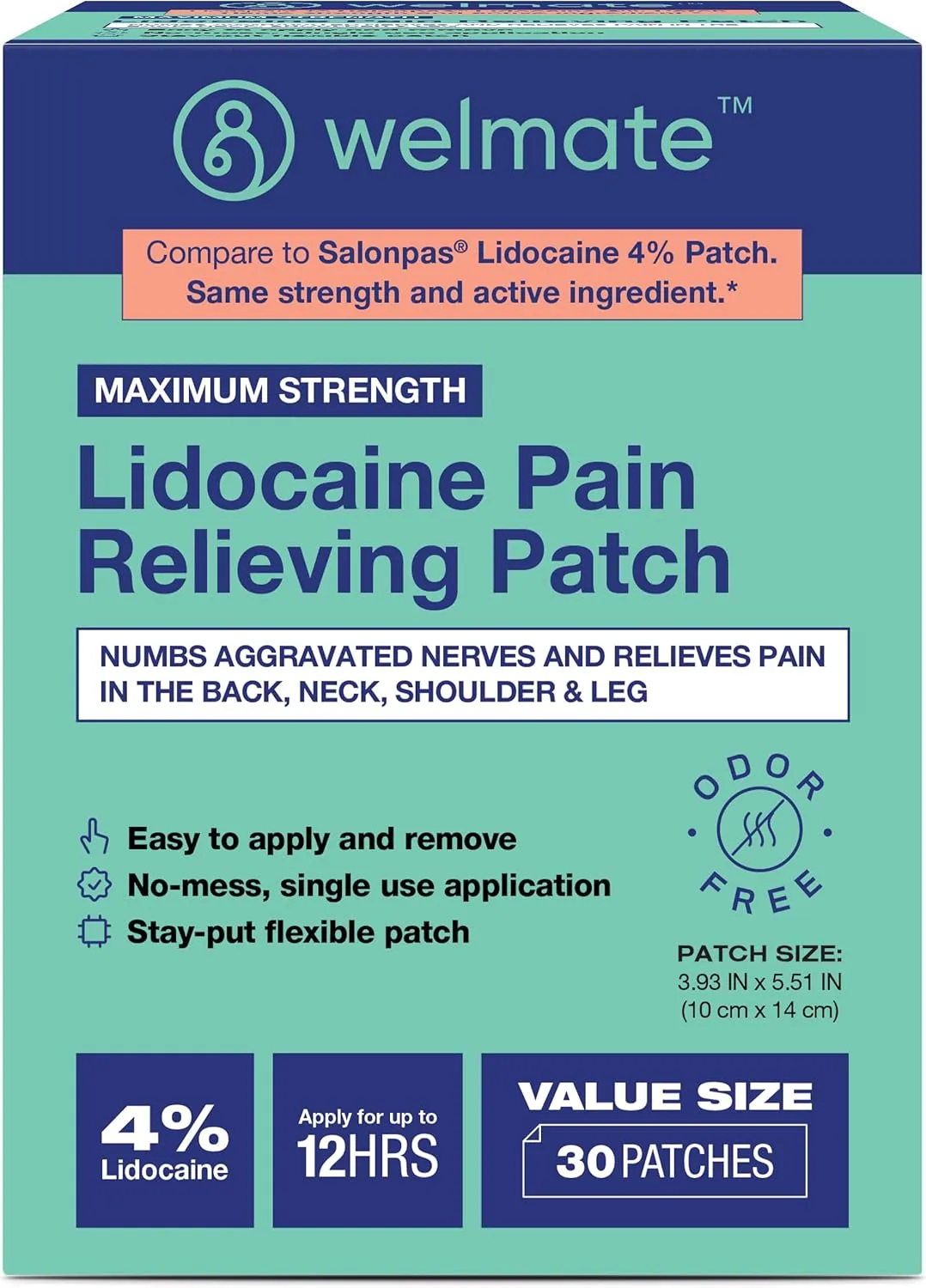 WELMATE | 4% Lidocaine Numbing Patch | Maximum Strength | Temporary Relief of Pain, Back, Neck, Shoulders, Knees, Elbows, Minor Skin Irritations | Topical Analgesic Unscented | 30 ct