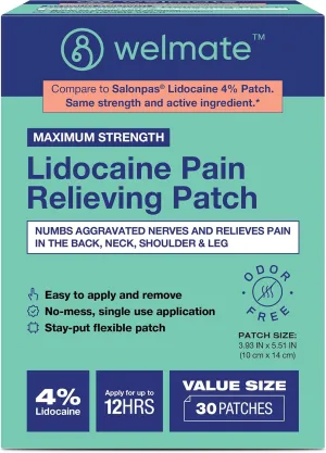 WELMATE | 4% Lidocaine Numbing Patch | Maximum Strength | Temporary Relief of Pain, Back, Neck, Shoulders, Knees, Elbows, Minor Skin Irritations | Topical Analgesic Unscented | 30 ct