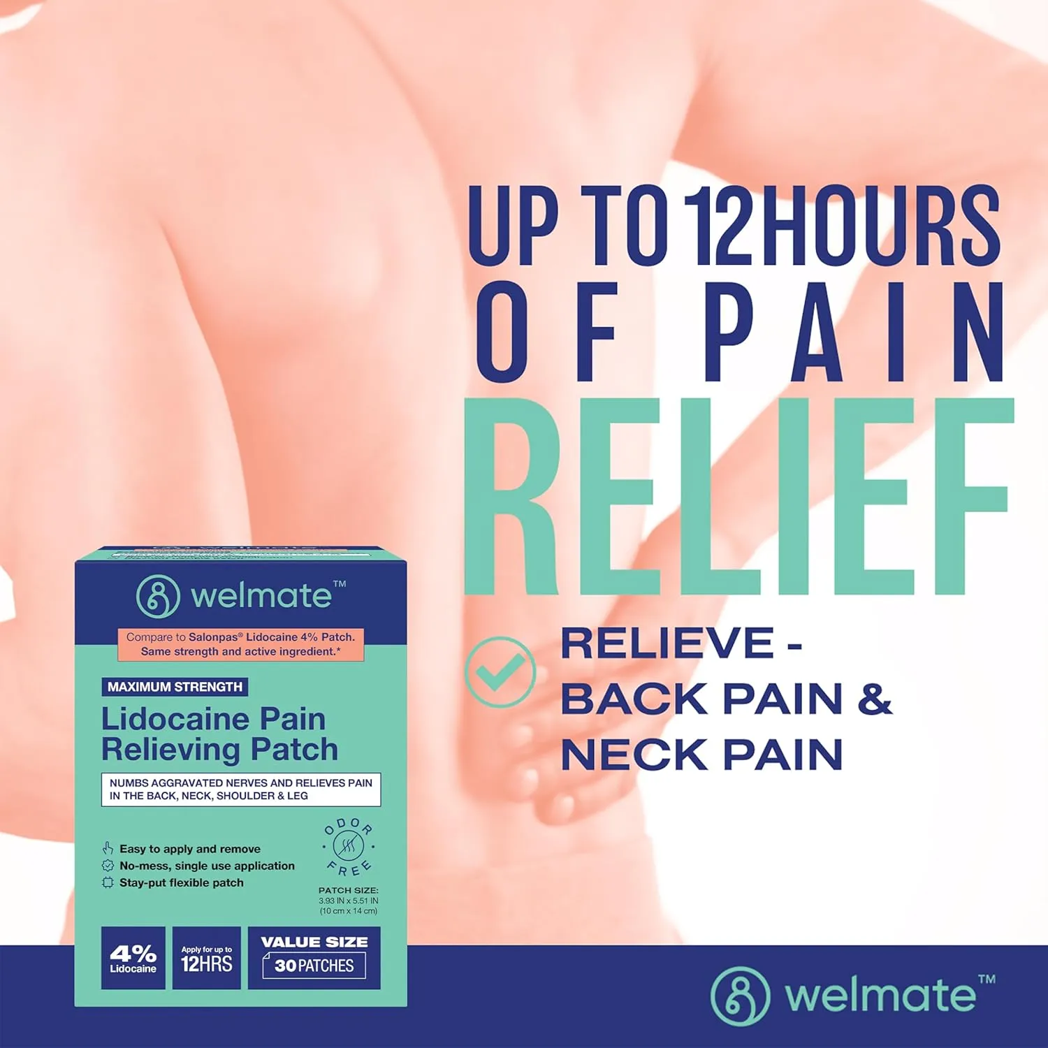WELMATE | 4% Lidocaine Numbing Patch | Maximum Strength | Temporary Relief of Pain, Back, Neck, Shoulders, Knees, Elbows, Minor Skin Irritations | Topical Analgesic Unscented | 30 ct