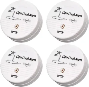 WER Water Leak Alarm Sensor, Battery Operated Leak Alert, 90dB Water Detector for Basements, Bathrooms, Laundry Rooms, Kitchens, Garages and All Office Areas (Shipped Without Battery, 4 Pack)