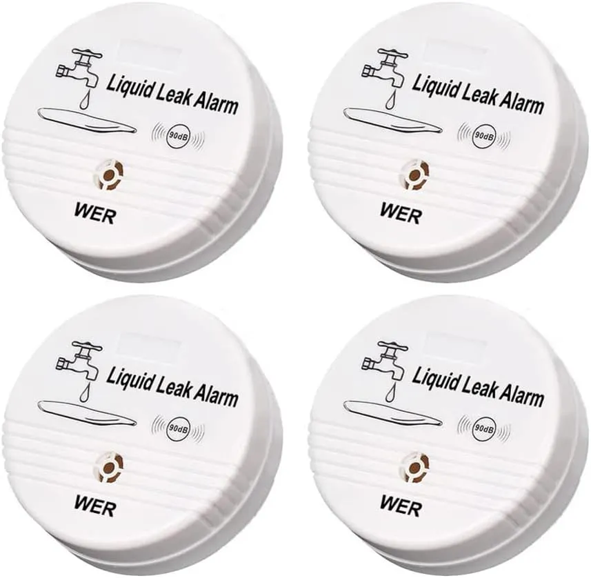 WER Water Leak Alarm Sensor, Battery Operated Leak Alert, 90dB Water Detector for Basements, Bathrooms, Laundry Rooms, Kitchens, Garages and All Office Areas (Shipped Without Battery, 4 Pack)