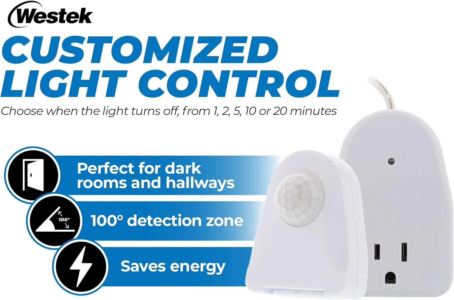 Westek Plug In Motion Sensor Outlet Light Control, 2 Pack - Indoor Motion Sensor Device Activates Lights When Motion is Detected - Ideal for Dark Hallways - 25ft Range, 6 Foot Cord (MLC12BC-4)