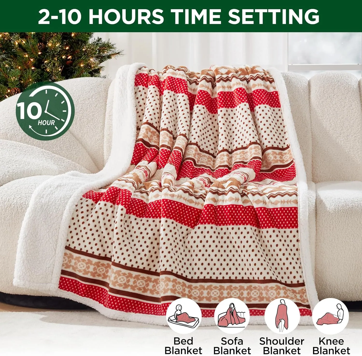 Westinghouse Christmas Heated Throw Blanket, Super Soft Flannel to Sherpa Electric Throw with 6 Heating Levels & 2-10 Hours Auto Off, Fast Heating & Overheat Protection, 50x60 Inch