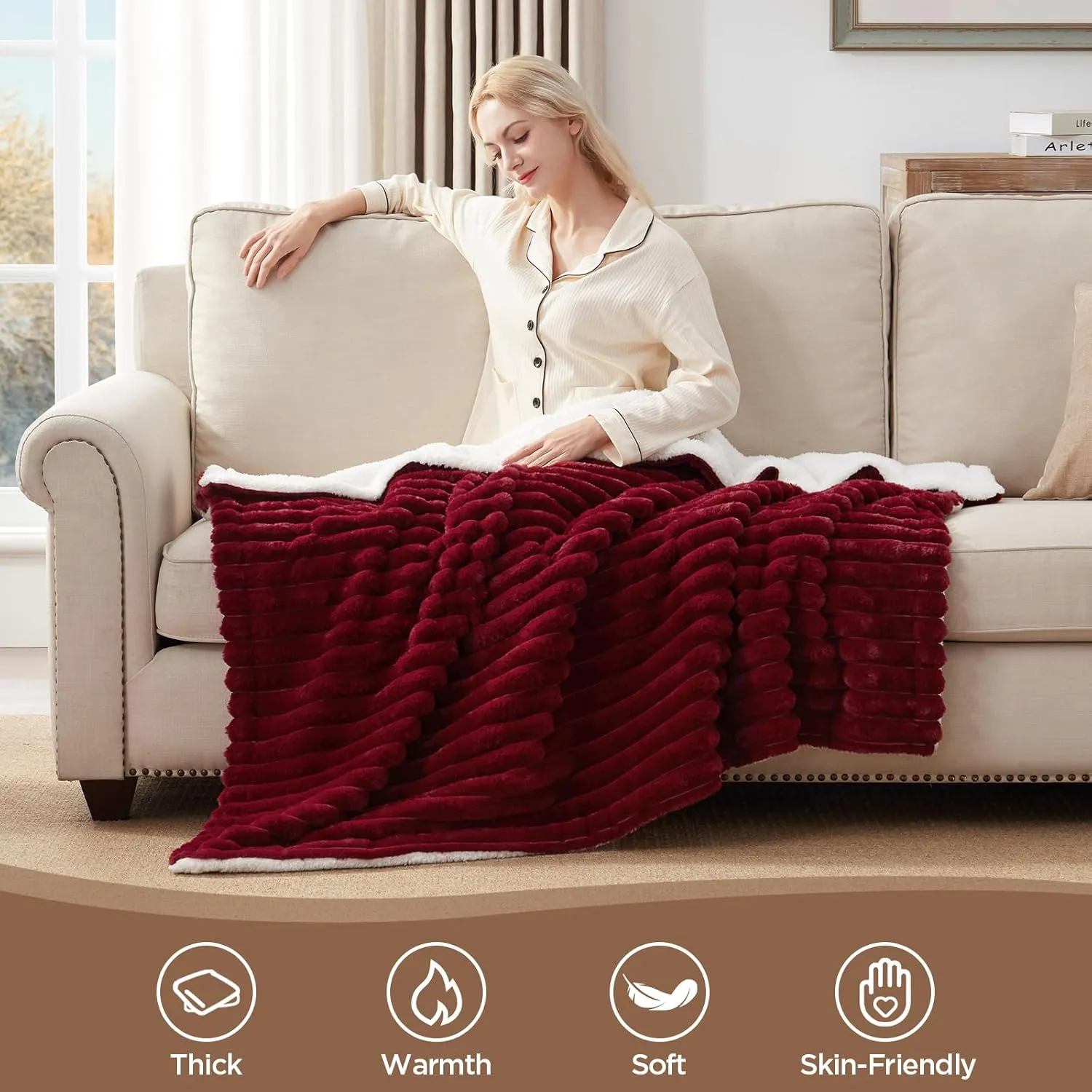 Westinghouse Electric Blanket Heated Throw, Super Cozy Luxury Faux Fur & Sherpa with 6 Heating Levels & 2-10 Hours Auto Off, Fast Heating & Overheat Protection, 50x60 Inch, Burgundy