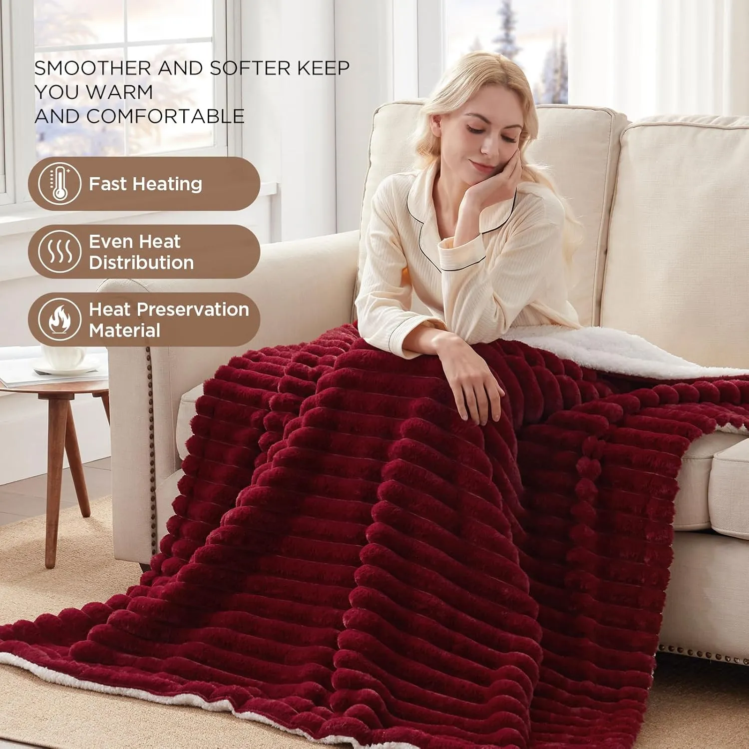 Westinghouse Electric Blanket Heated Throw, Super Cozy Luxury Faux Fur & Sherpa with 6 Heating Levels & 2-10 Hours Auto Off, Fast Heating & Overheat Protection, 50x60 Inch, Burgundy